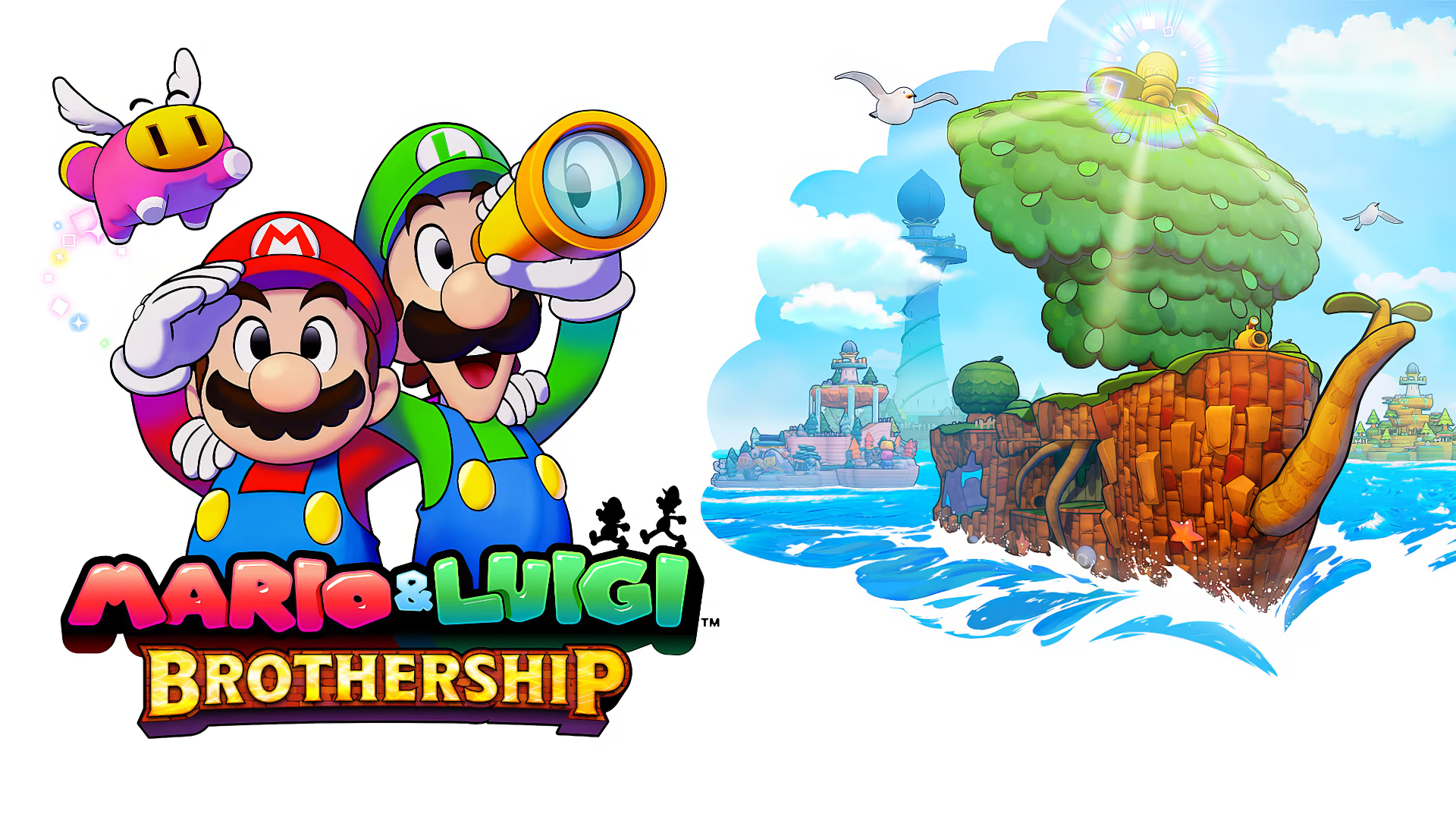 A vibrant HD wallpaper featuring characters from Mario & Luigi: Brotherhood, showcasing Mario and Luigi exploring a colorful island landscape.