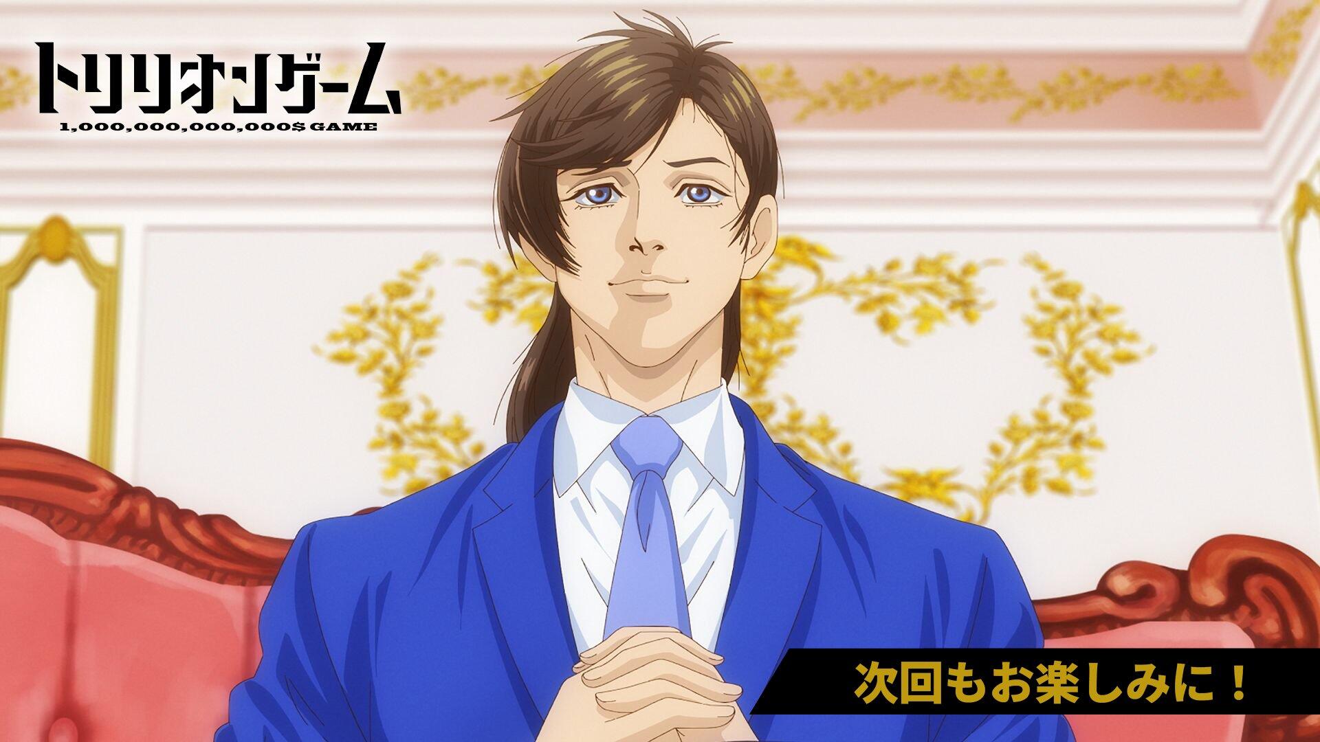 Anime-inspired HD wallpaper from Trillion Game, featuring a character in a blue suit with a confident expression against an ornate background.