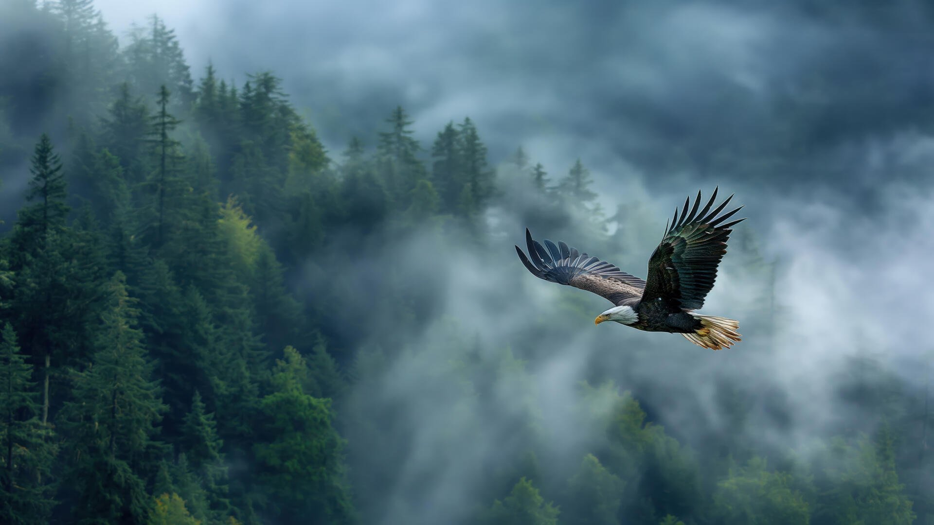 An eagle soars gracefully through a foggy landscape, surrounded by lush forests, capturing the beauty of nature in this stunning 4K Ultra HD wallpaper.