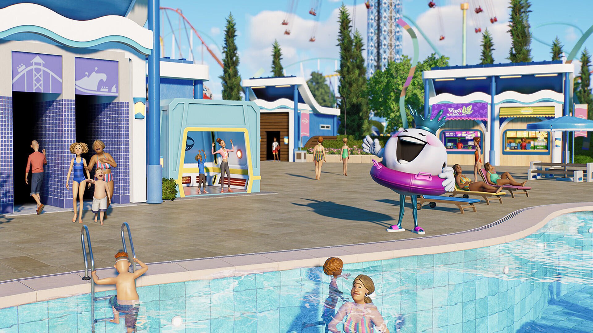 HD PC desktop wallpaper from the video game Planet Coaster 2, depicting a vibrant amusement park scene with visitors enjoying a pool and rides in the background.