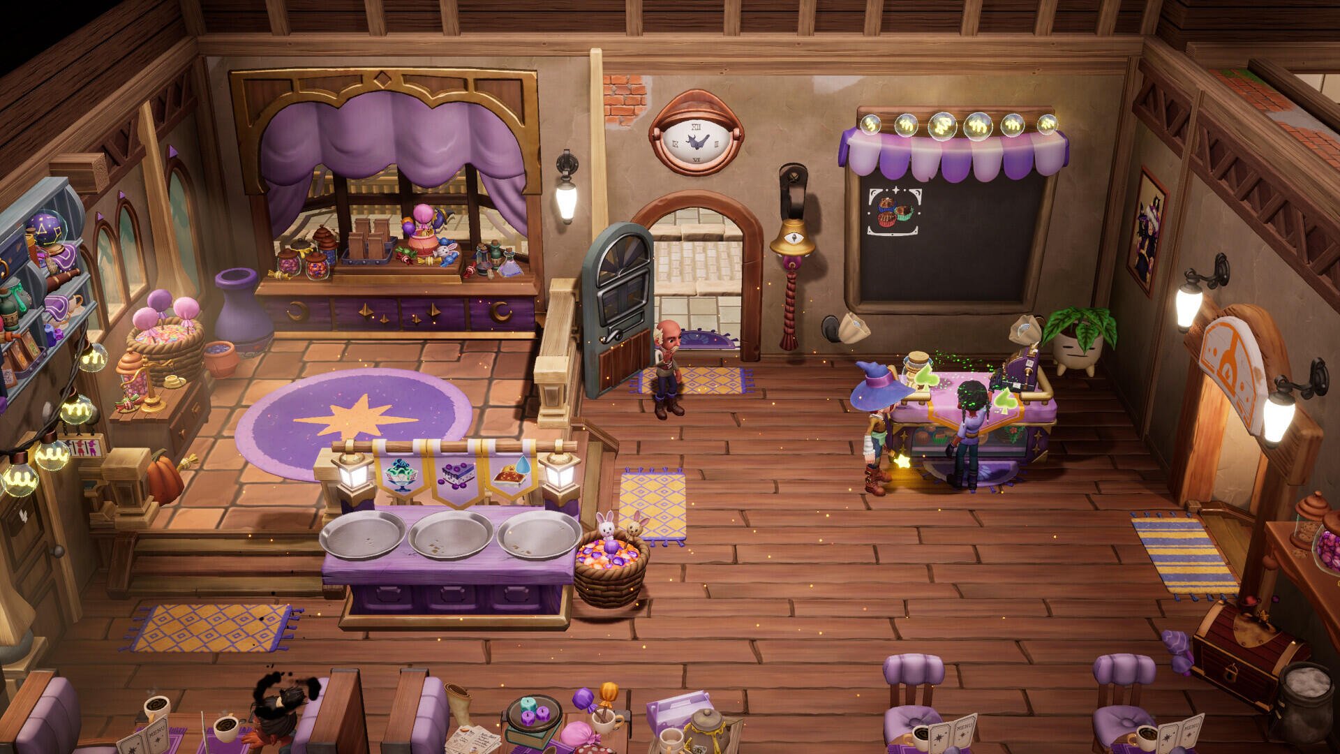 A colorful and whimsical interior of a bakery from the video game Magical Bakery, featuring charming décor, baking stations, and purple accents, set as HD wallpaper for PC desktops.