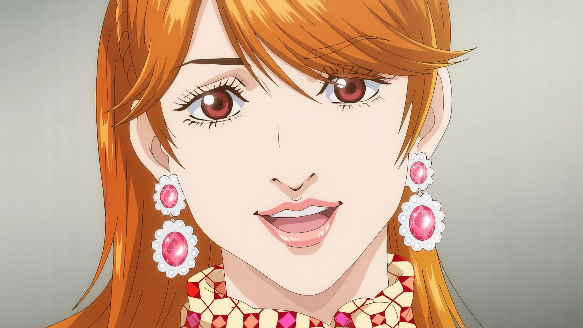 Anime-inspired character from Trillion Game, featuring vibrant orange hair and striking red eyes, adorned with elegant jewelry. A captivating HD PC desktop wallpaper.