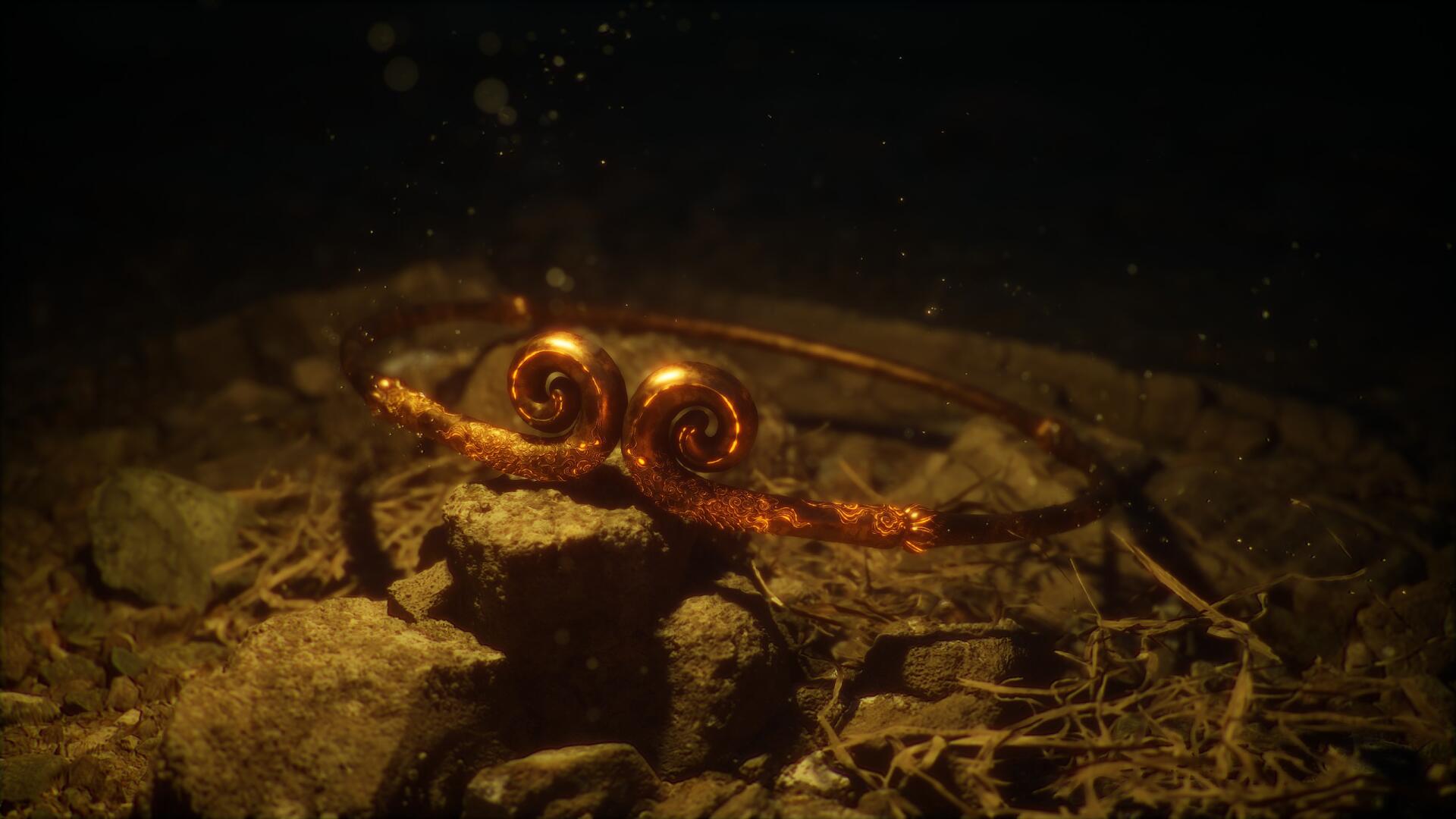 An intricate tiara, featuring swirling designs, emerges from underwater debris. Captured in stunning detail, this HD wallpaper showcases elements from the video game Black Myth: Wukong.