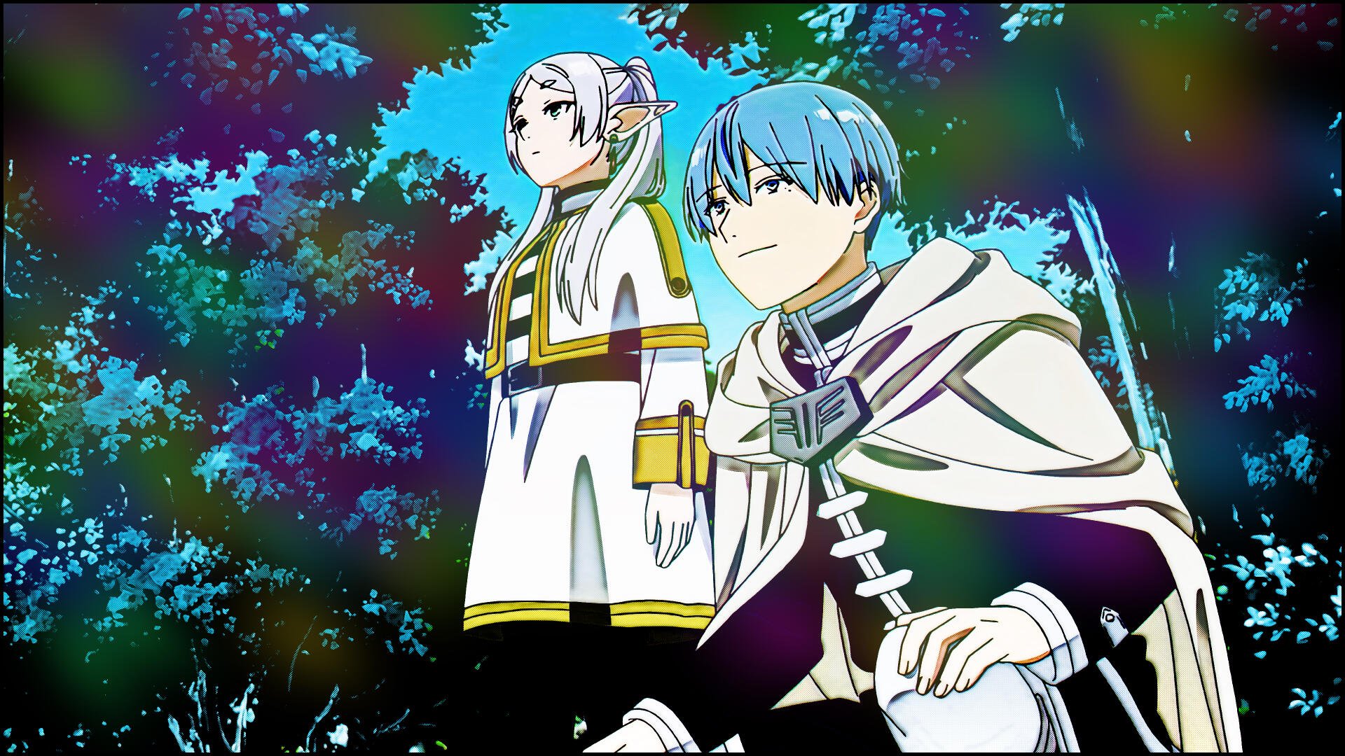 A vibrant 4K wallpaper featuring characters Frieren and Himmel from Frieren: Beyond Journey's End, set against a lush forest backdrop.