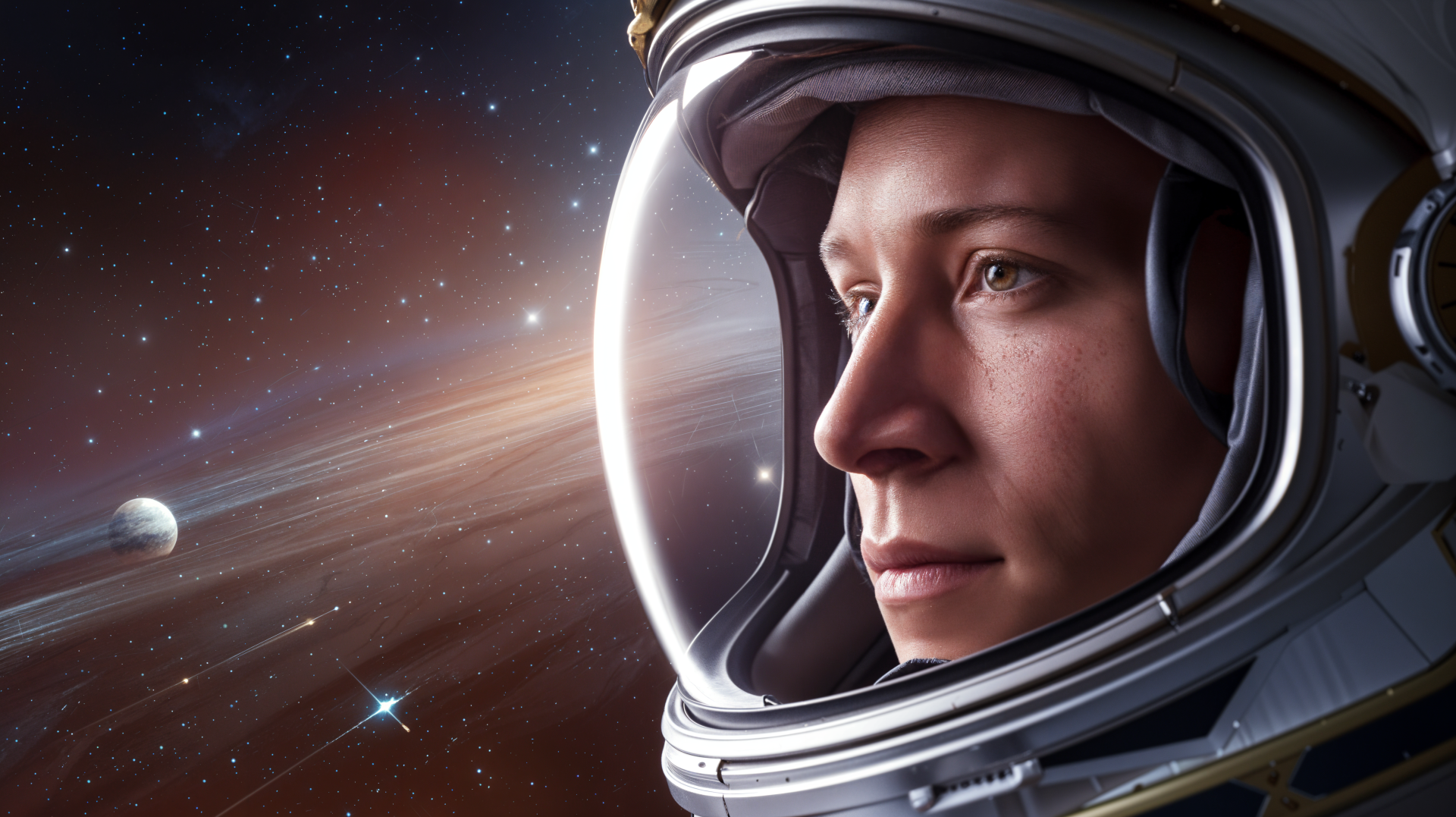 A close-up of an astronaut's face in a helmet, gazing into the vastness of space, surrounded by stars and planets, captured in stunning 4K Ultra HD quality.