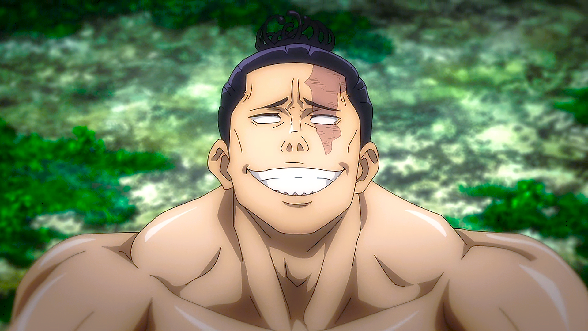 HD anime desktop wallpaper featuring Aoi Todo from Jujutsu Kaisen smiling confidently against a blurred natural background.