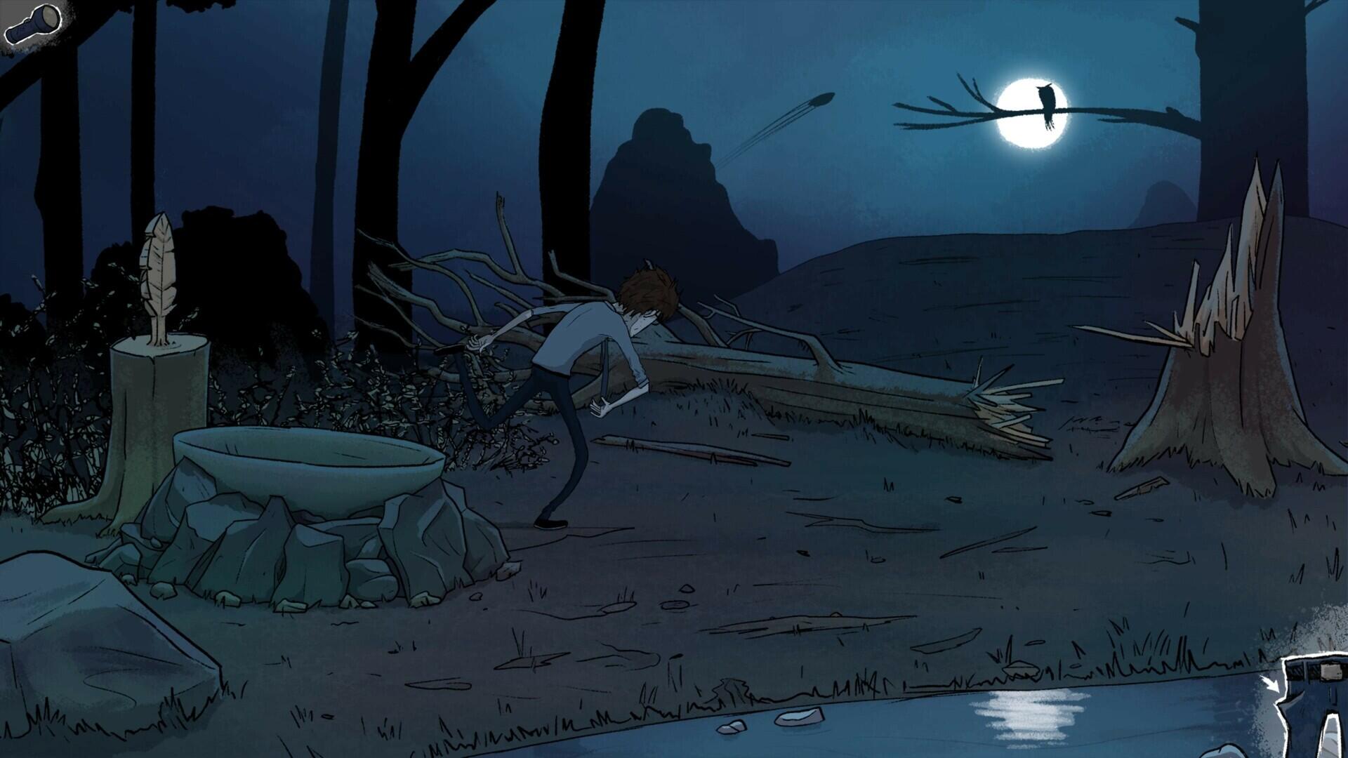 A dramatic scene from the video game Mindlock - The Apartment, featuring a character navigating a dark, moonlit forest with eerie surroundings, set as an HD desktop wallpaper.