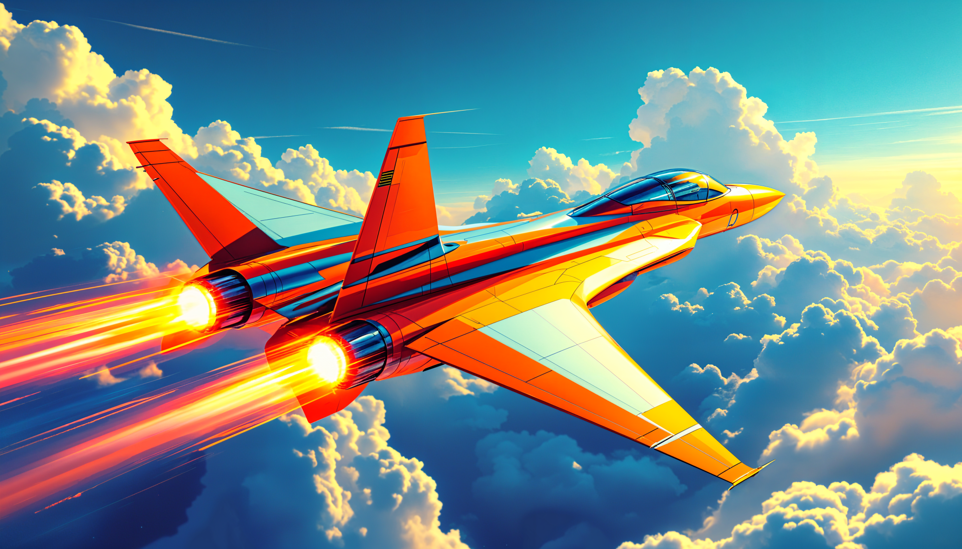 A vibrant jet fighter ascends through fluffy clouds, with its engines ablaze, set against a stunning blue sky. This 4K Ultra HD wallpaper brings dynamic energy to any desktop background.