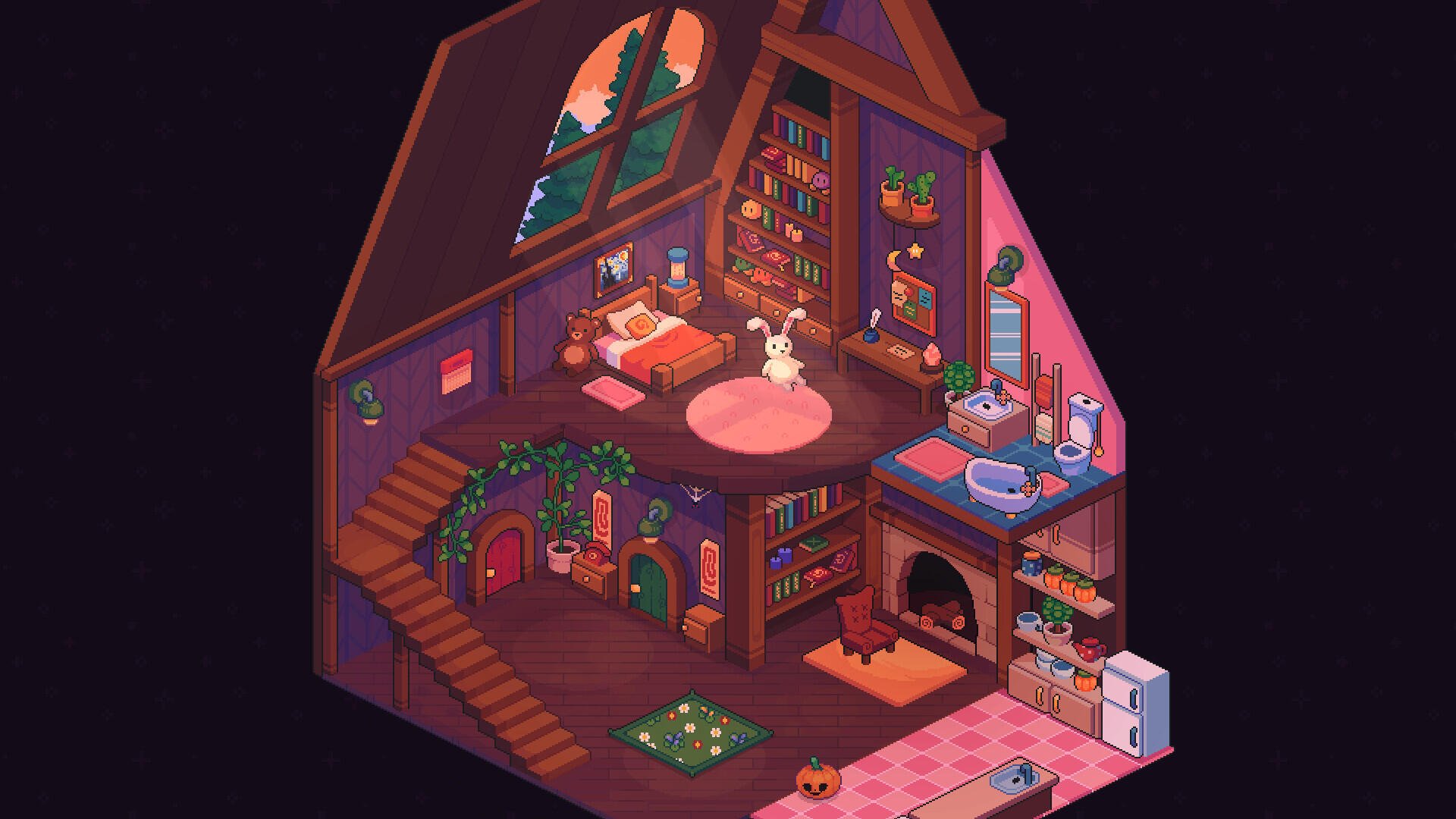 Isometric view of a cozy interior from the game Everholm, featuring a warmly lit room with a bed, bookshelves, and a kitchen area, set against a vibrant, artistic backdrop.