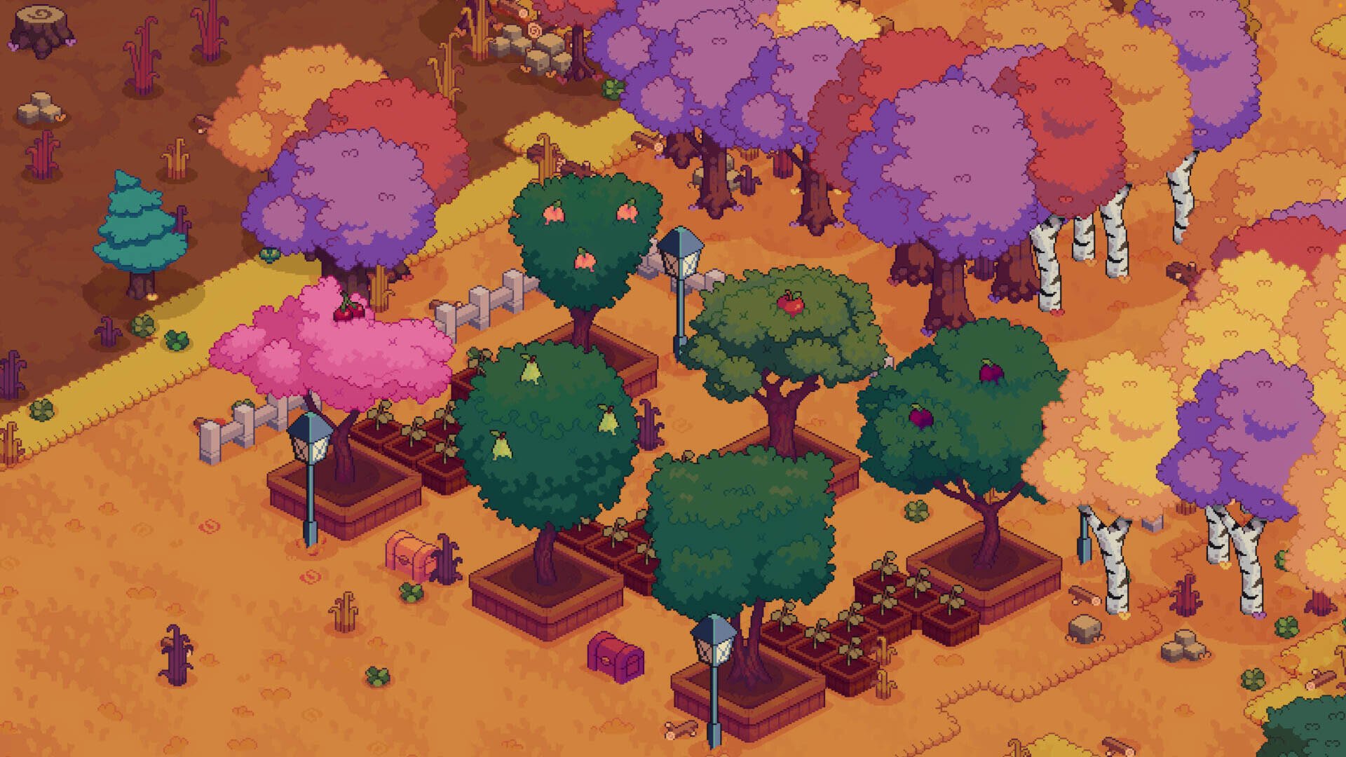 A colorful HD PC desktop wallpaper featuring the vibrant landscape of Everholm, showcasing lush trees in hues of pink, purple, and green among neatly arranged garden plots.