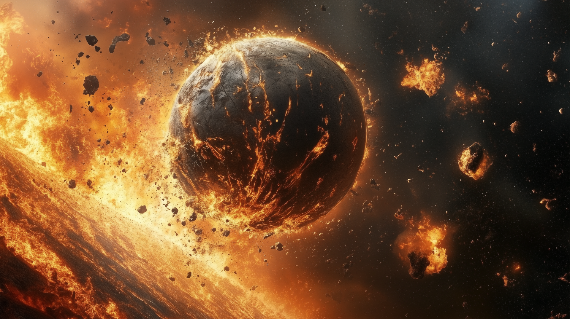 A striking HD wallpaper depicting a planet engulfed in flames and debris, symbolizing planet destruction amidst dynamic fiery elements in space.
