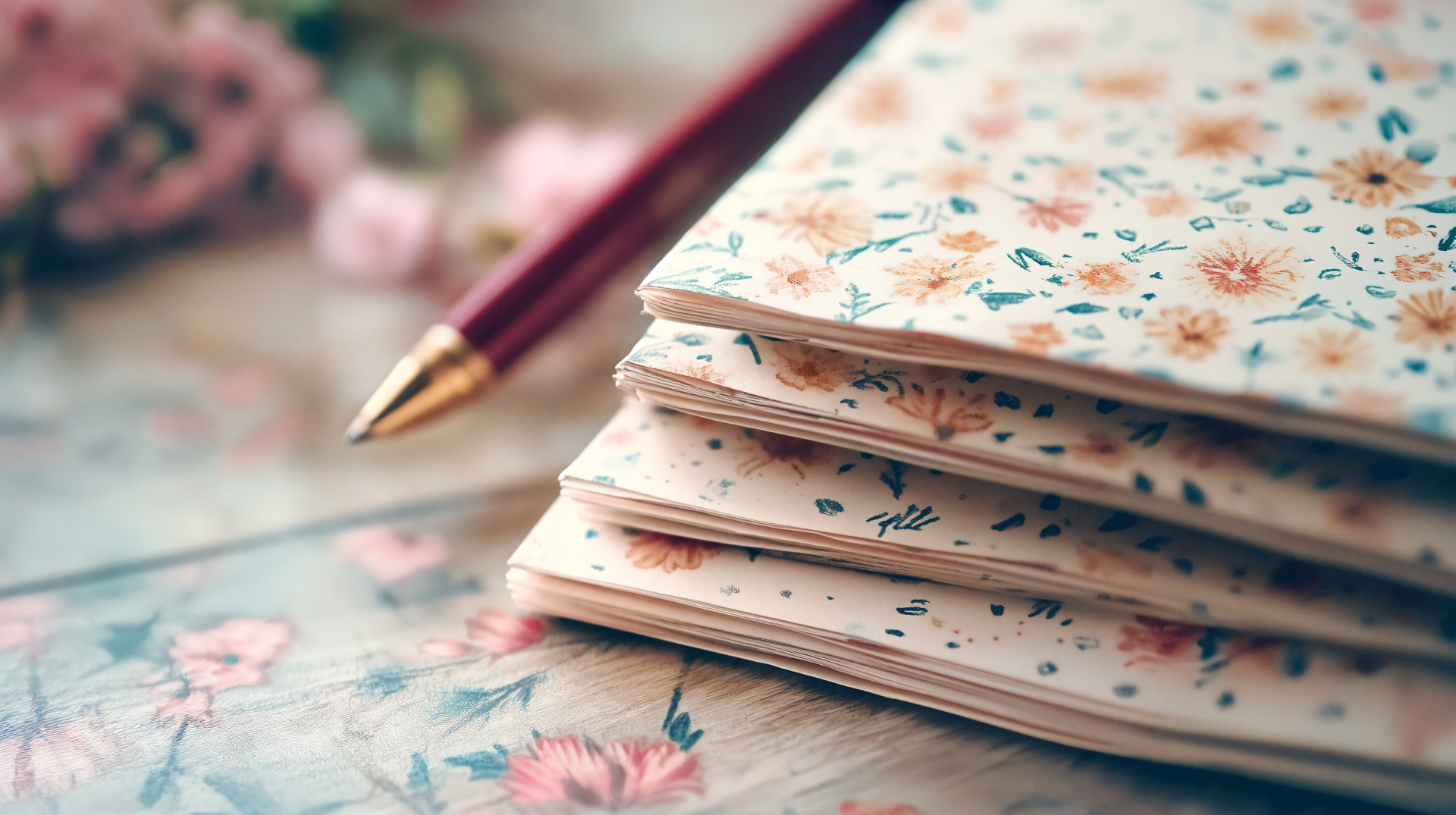 Cute stationery featuring floral designs, stacked with a gold-tipped pen beside them. This image serves as a vibrant 4K Ultra HD desktop wallpaper and background.