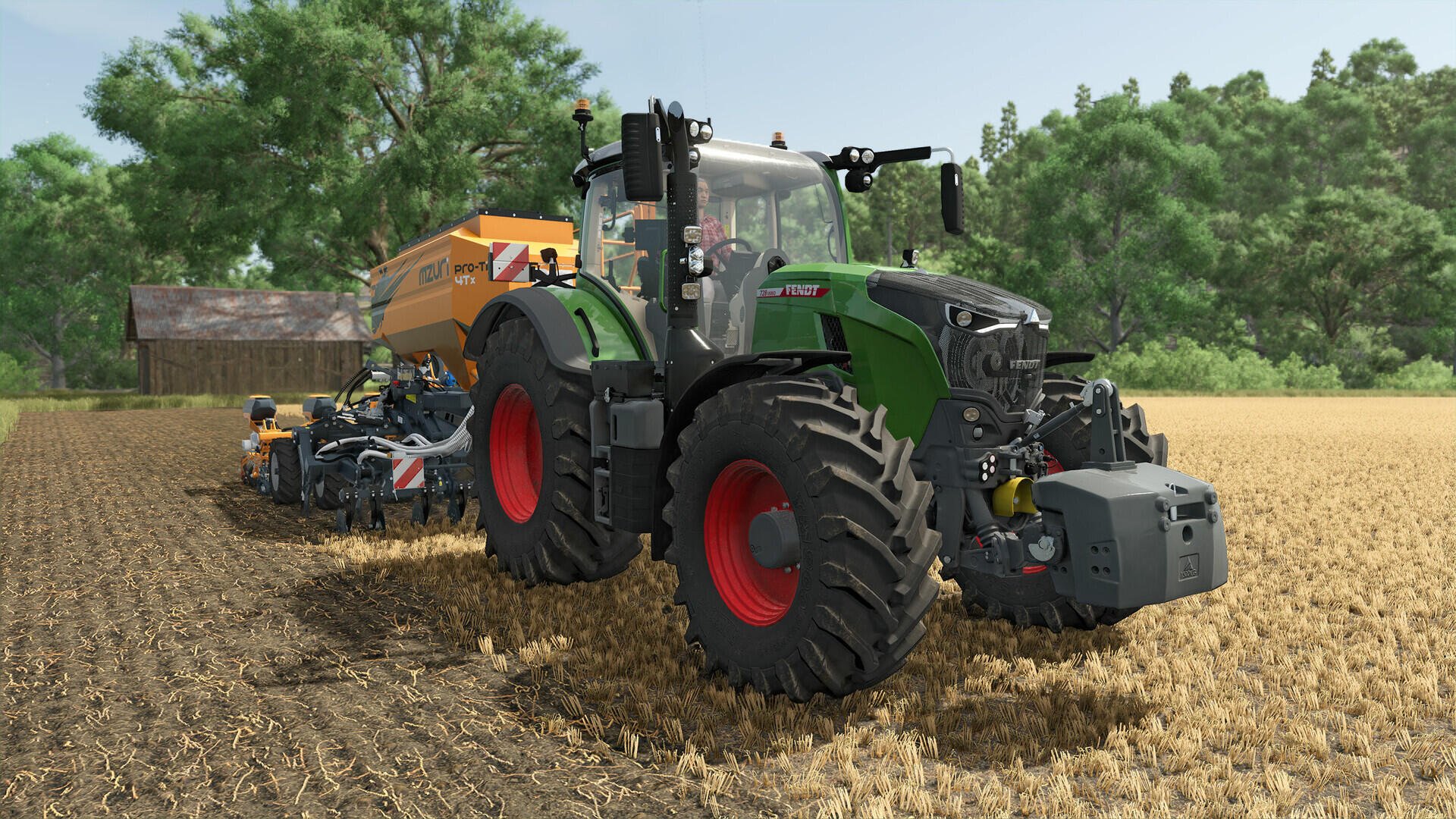 A high-definition desktop wallpaper featuring a detailed tractor from Farming Simulator 25, working in a field with lush greenery in the background.