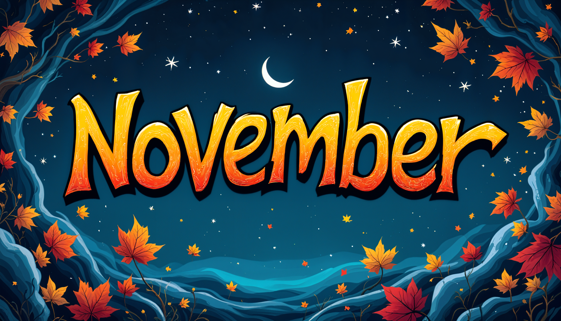 A vibrant 4K Ultra HD wallpaper featuring the word November surrounded by colorful autumn leaves and a starry night sky, capturing the essence of the month.