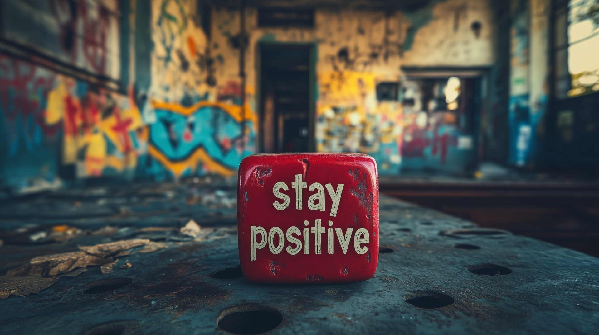 A vibrant red block with the quote stay positive sits on a textured surface, contrasting against a graffiti-covered background in an abandoned space, creating an inspiring desktop wallpaper.