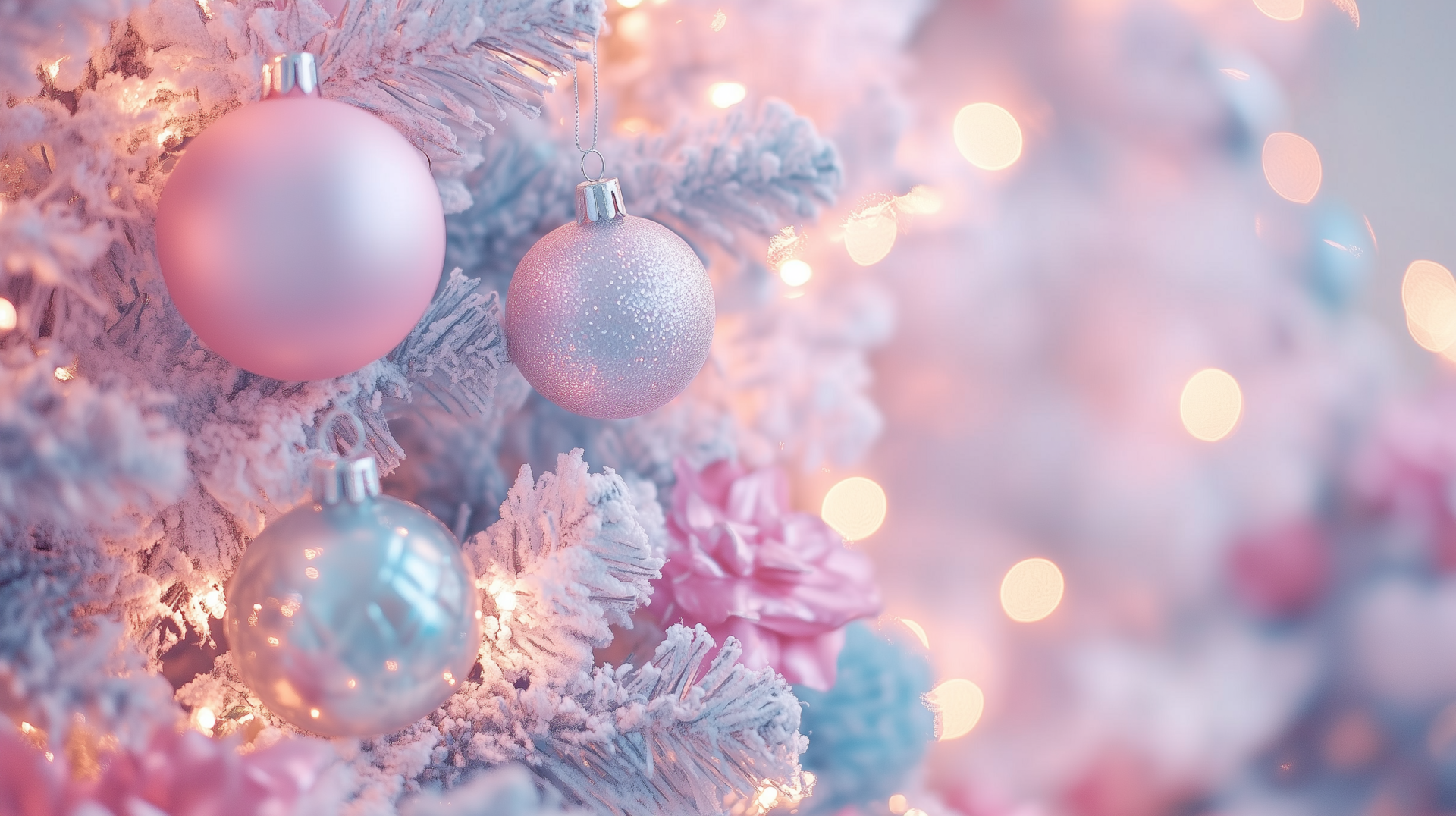 A beautiful HD wallpaper featuring a pastel-colored Christmas tree adorned with delicate ornaments and shimmering lights, creating a soft, festive aesthetic.