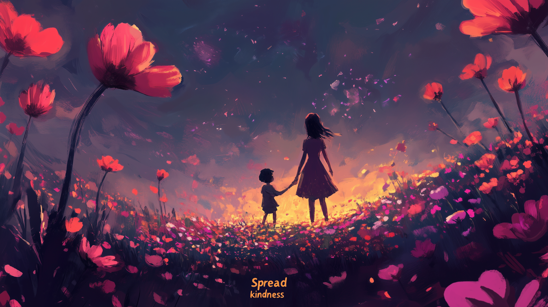 Two figures stand in a vibrant flower garden, holding hands as they gaze at a glowing sunset. Text reads Spread kindness, creating a warm and inviting atmosphere.