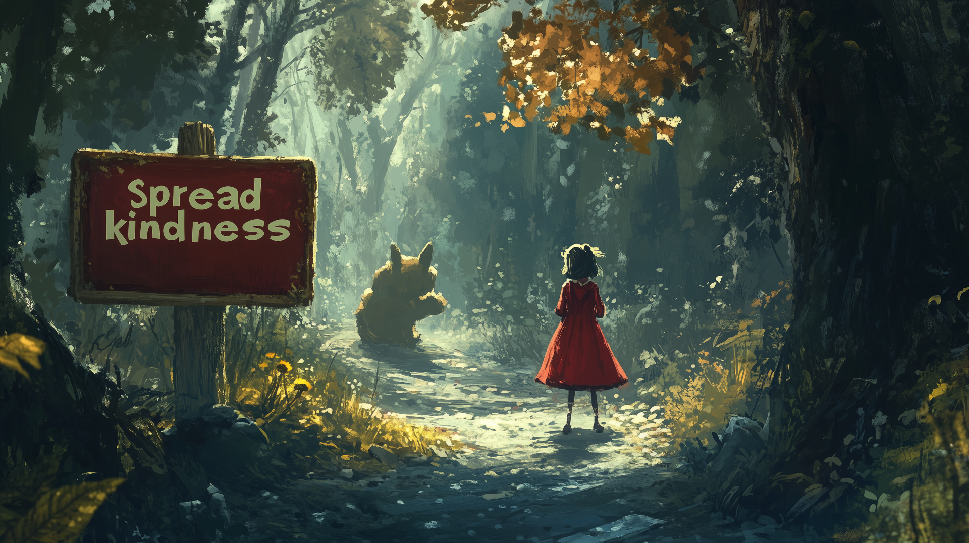 A whimsical HD desktop wallpaper featuring a young girl in a red dress standing before a sign that encourages kindness, set in a serene, sunlit forest.