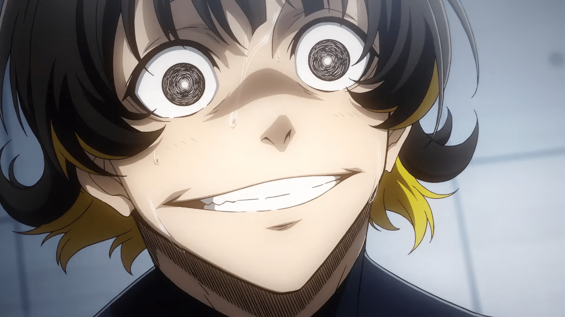 A vibrant HD desktop wallpaper featuring Bachira Meguru from the anime Blue Lock, showcasing his expressive smile and distinctive hairstyle against a dynamic backdrop.