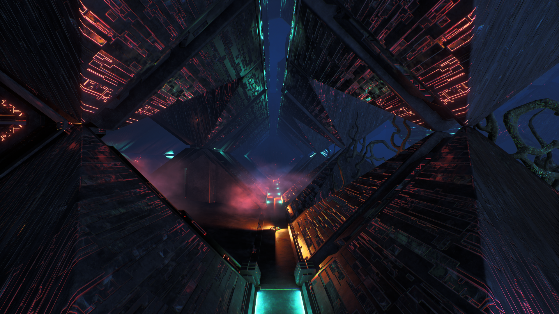 A vibrant 4K Ultra HD wallpaper from the video game Mass Effect: Andromeda, showcasing intricate structures and dynamic lighting within a sci-fi environment.