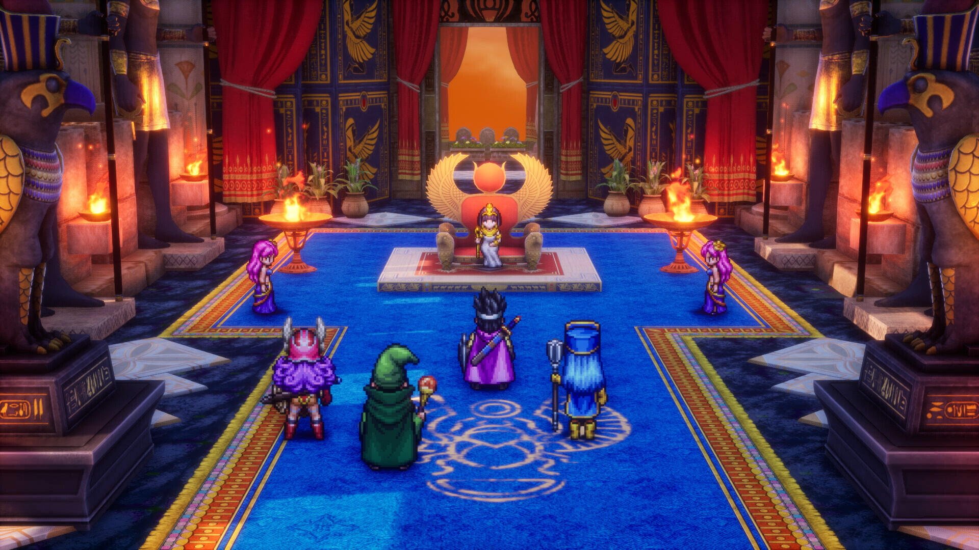 A vibrant scene from DRAGON QUEST III HD-2D Remake, featuring characters gathered in a grand throne room, showcasing detailed graphics suited for a stunning HD PC desktop wallpaper.