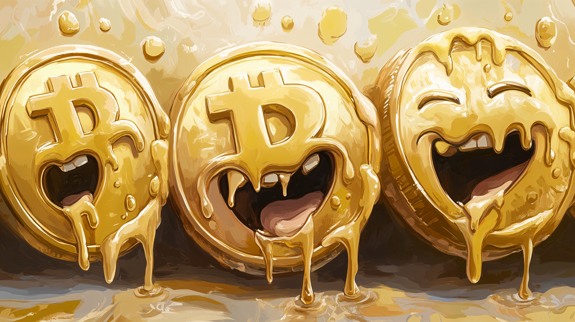 A vibrant 4K Ultra HD wallpaper featuring playful Bitcoin coins, gleaming with gold and dripping, evoking a fun and lively atmosphere within the cryptocurrency theme.