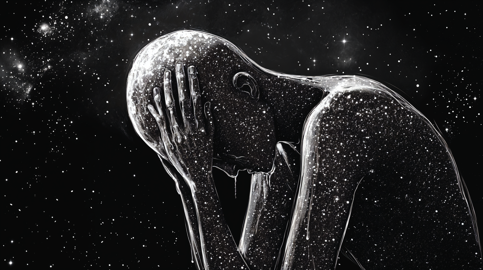 Artistic 4K Ultra HD wallpaper depicting a human silhouette in a cosmic style, expressing sadness and crying against a starry background.