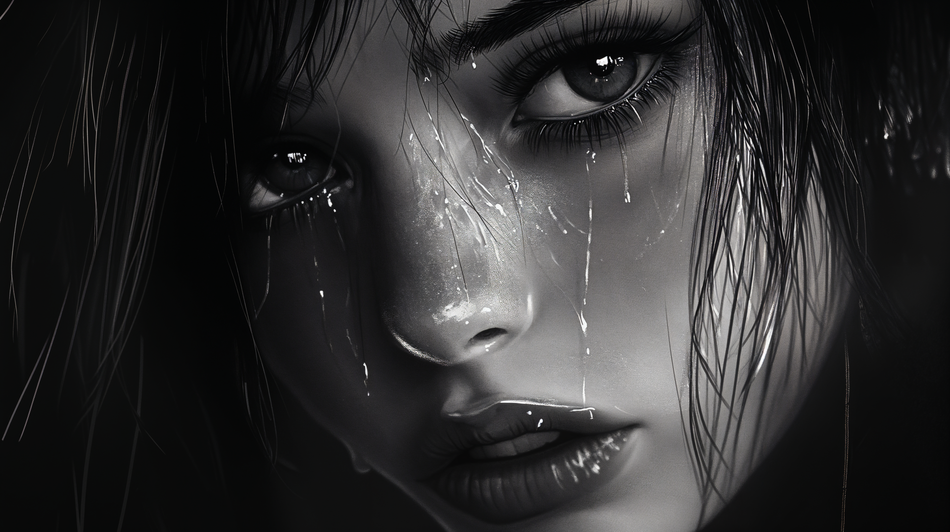 A close-up of a woman's face, expressing sadness with tears streaming down. This emotional image captures deep feelings, presented in striking 4K Ultra HD detail.