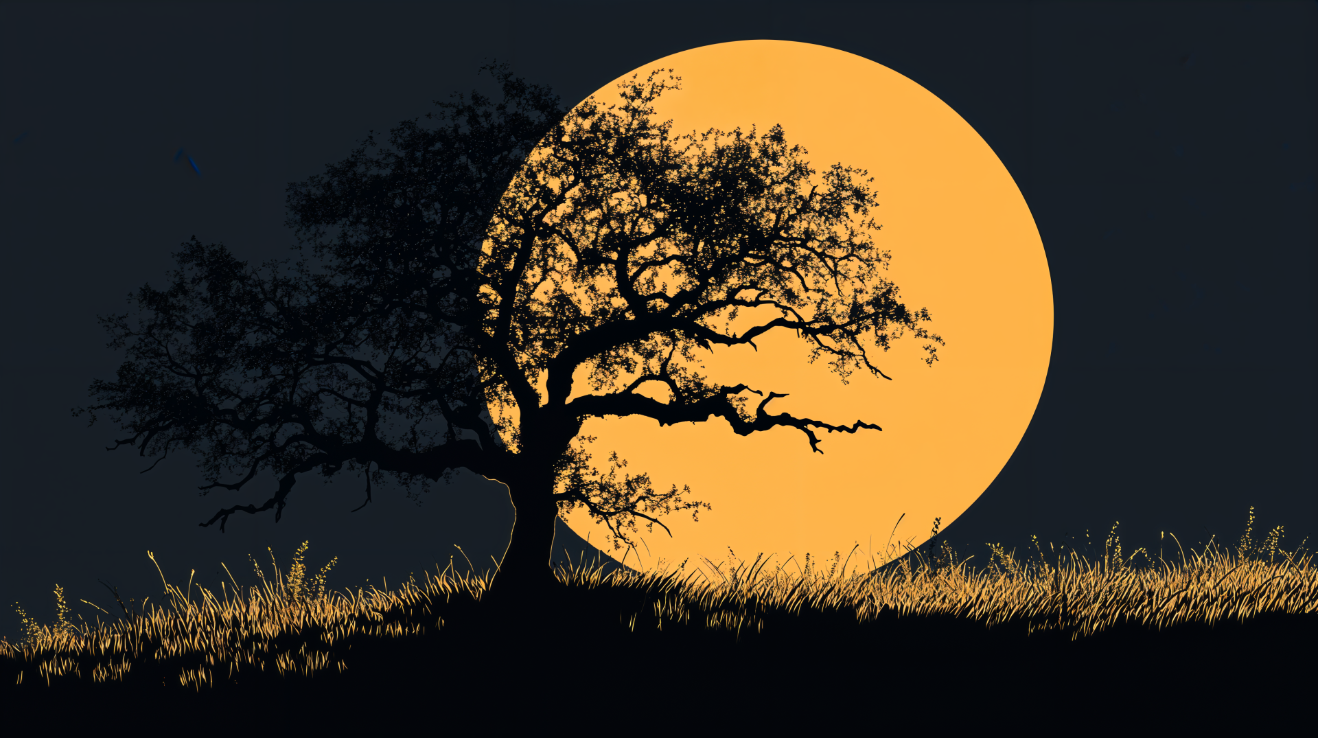 A striking tree silhouette against a glowing yellow moon, set in a dark background, designed as a 4K Ultra HD PC desktop wallpaper and background.
