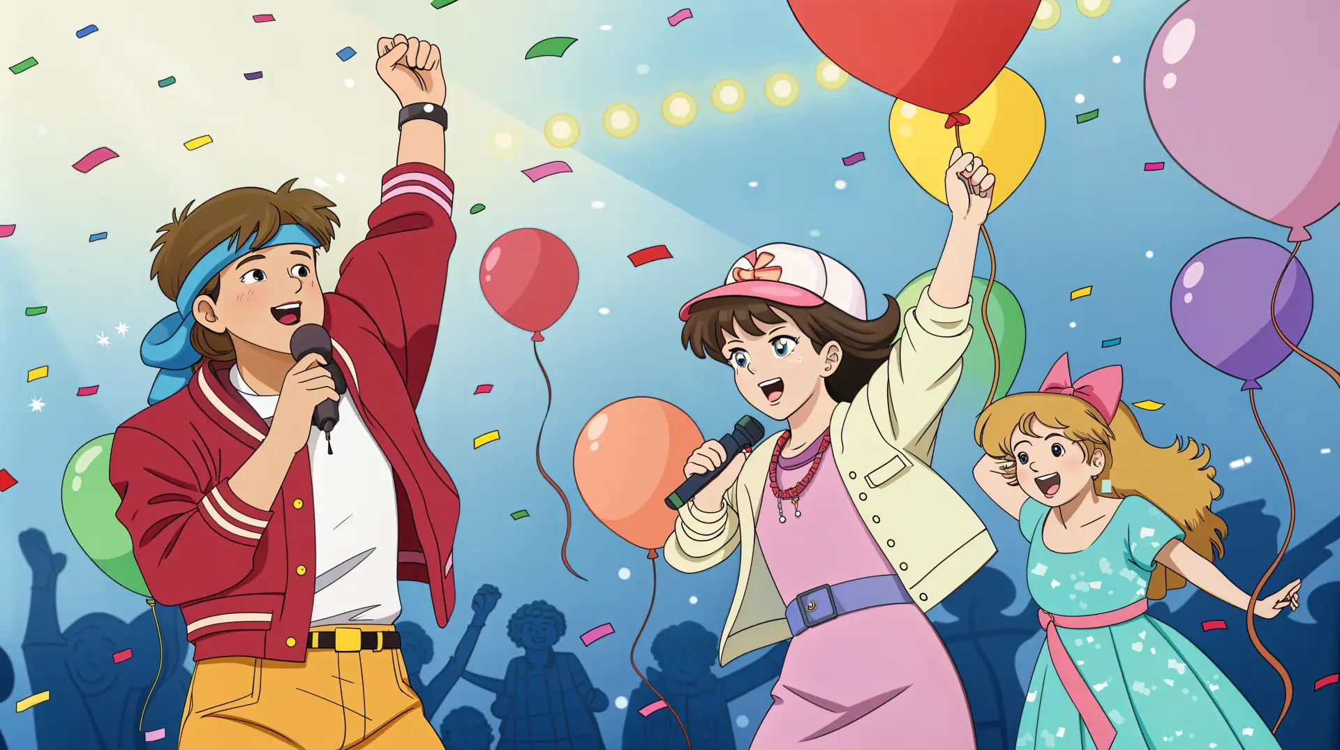 Vibrant 4K Ultra HD animated celebration scene with balloons, confetti, and three characters joyfully singing at a lively party.