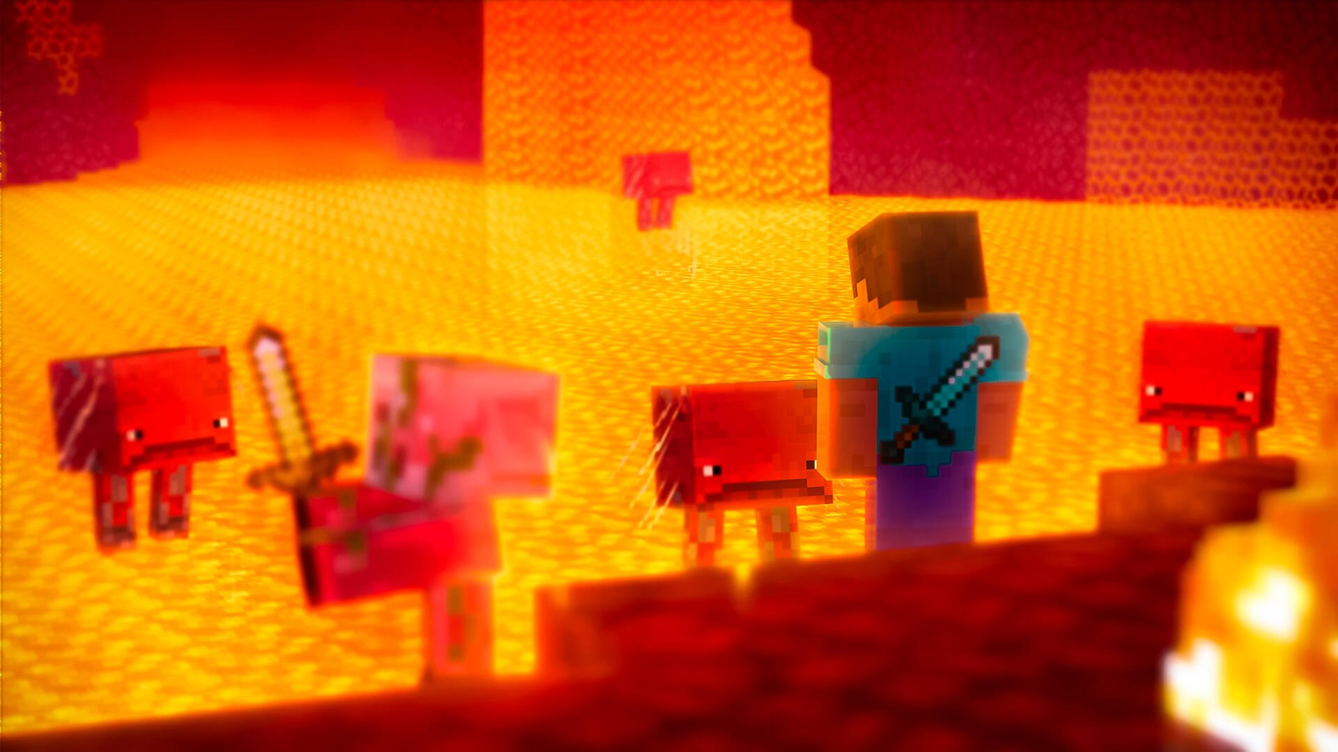 Minecraft Nether scene in 4K Ultra HD featuring Steve alongside Striders standing near flowing lava in a fiery, blocky landscape.