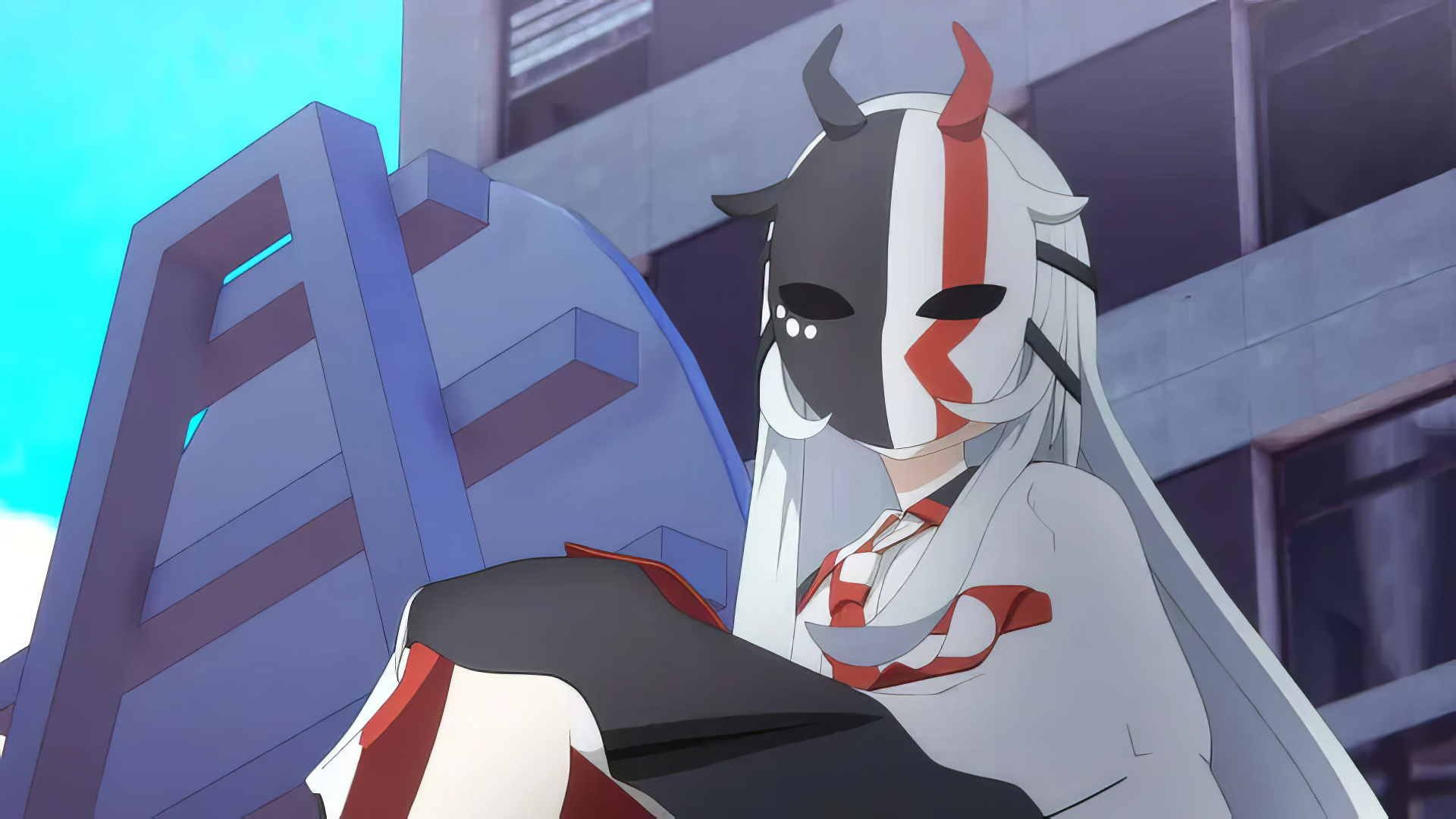 A captivating anime character with a patterned mask and striking hair sits against a modern backdrop, embodying the suspenseful atmosphere of the Murder Mystery of the Dead.