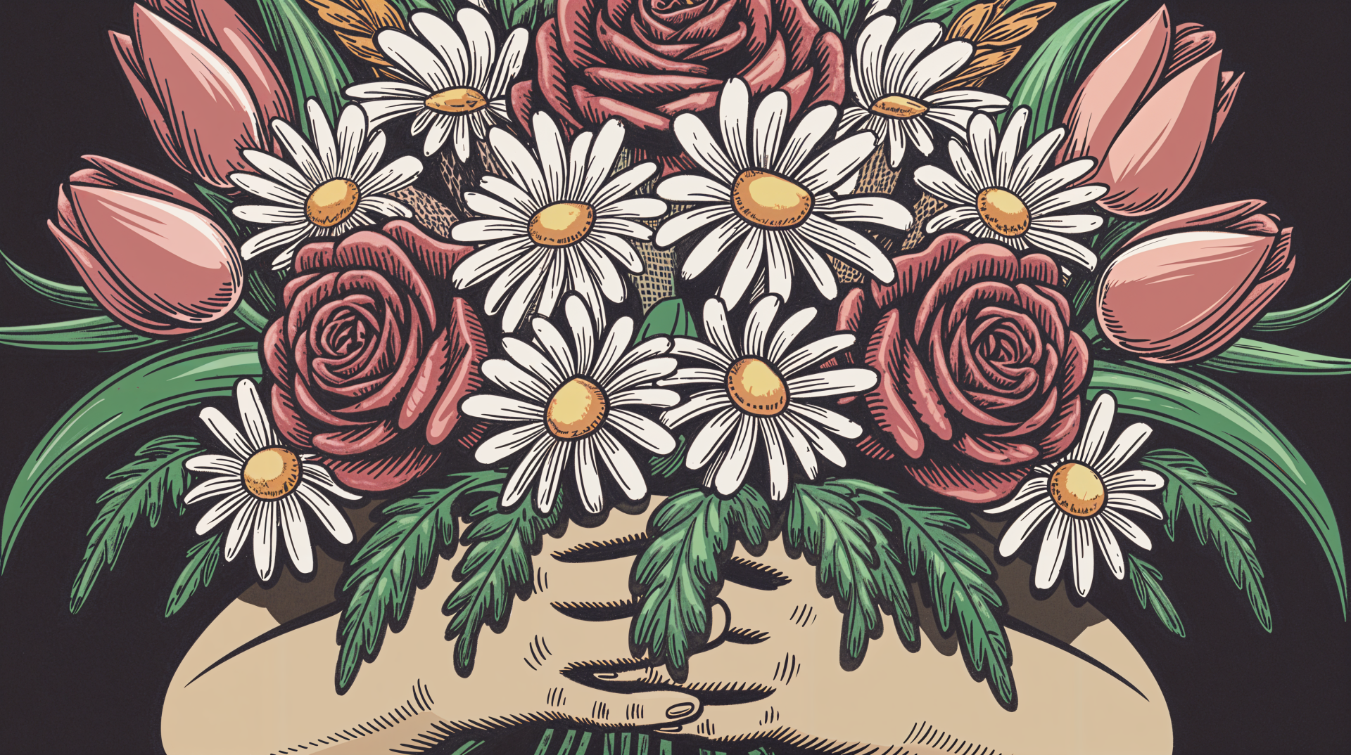 A vibrant bouquet featuring roses, daisies, and tulips, complemented by lush greenery, designed as a 4K Ultra HD desktop wallpaper with an aesthetic floral theme.