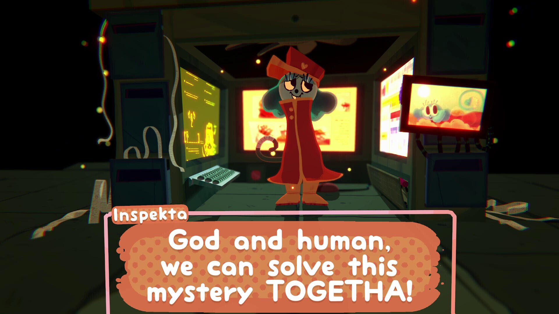 A whimsical character stands confidently in a vibrant, tech-filled environment, urging collaboration to solve a mystery in the video game Great God Grove. A colorful HD PC wallpaper.