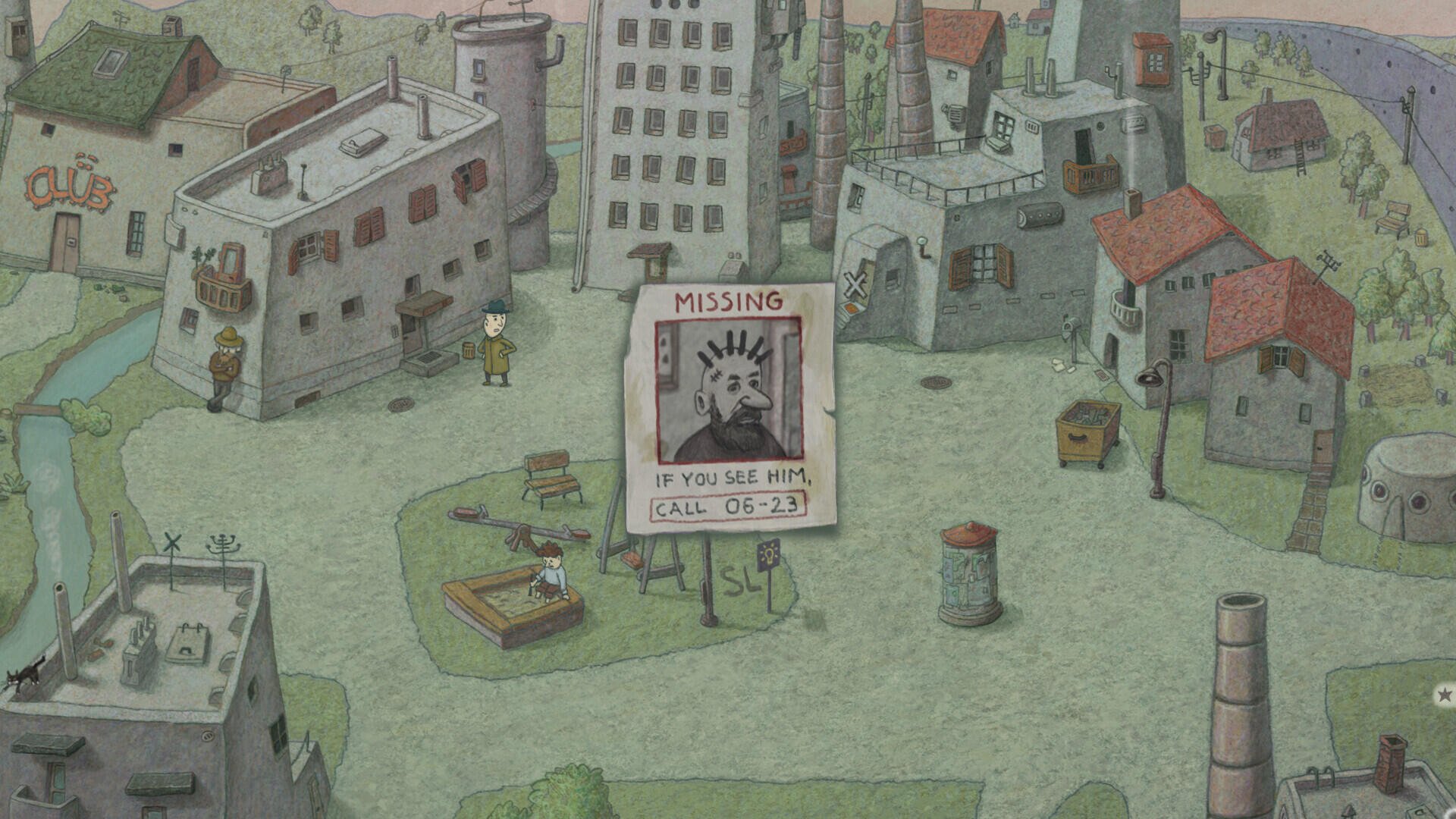 A whimsical HD PC desktop wallpaper depicting a quirky urban landscape, featuring buildings and a missing person poster, capturing the essence of a unique video game world.