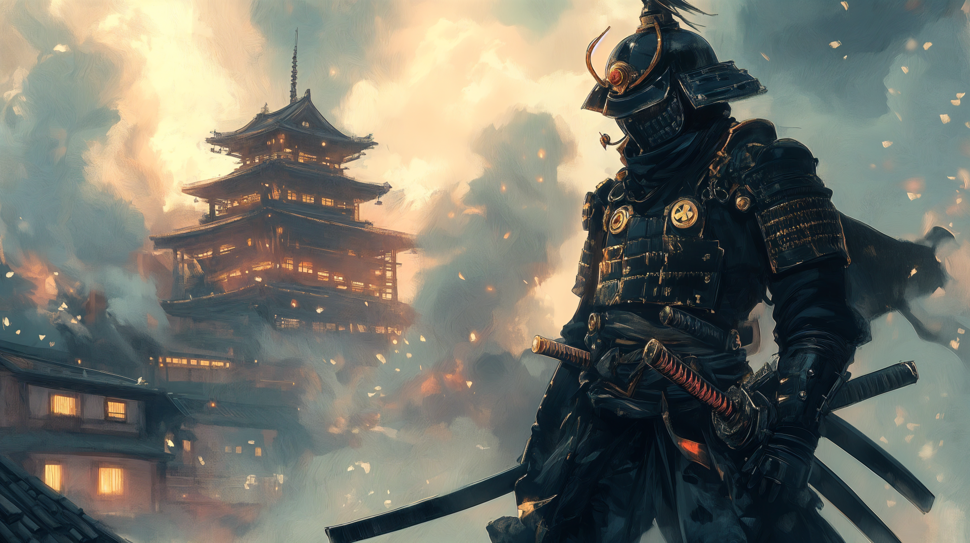 A detailed anime samurai stands heroically against a backdrop of a burning castle, infused with dramatic clouds, creating a striking 4K Ultra HD desktop wallpaper.