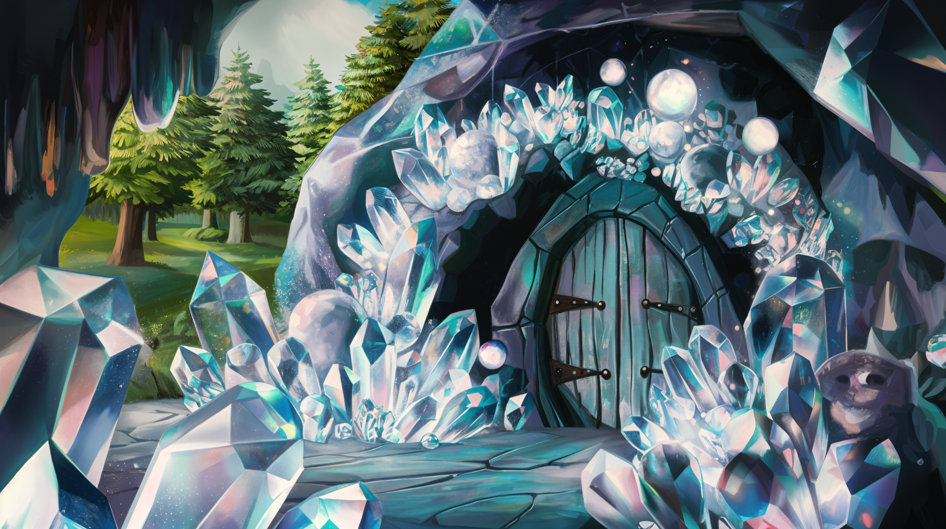 4K Ultra HD wallpaper of a mystical crystal cave entrance surrounded by glowing crystals and a forest backdrop with a wooden door set into the rocky cave wall.