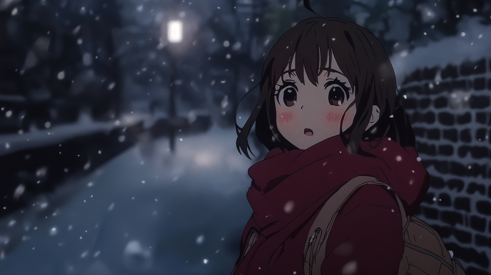 A winter-themed anime girl stands in a snowy landscape, wearing a cozy red scarf. Soft snowflakes fall around her, creating a serene atmosphere in this 4K Ultra HD wallpaper.
