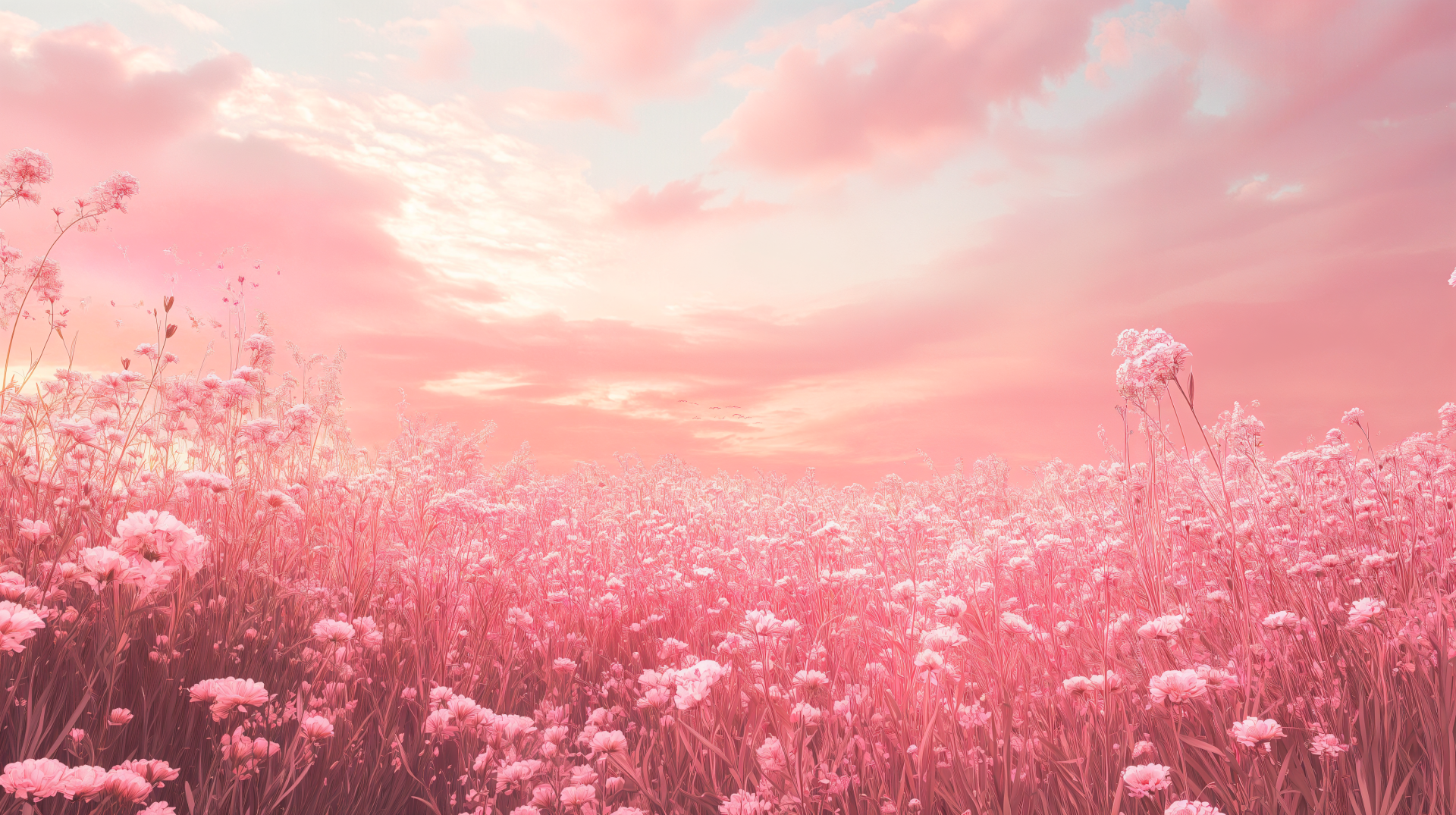 Serene pink landscape filled with blooming flowers under a soft pastel sky, creating a calming pink aesthetic. A beautiful 4K Ultra HD wallpaper for desktop backgrounds.