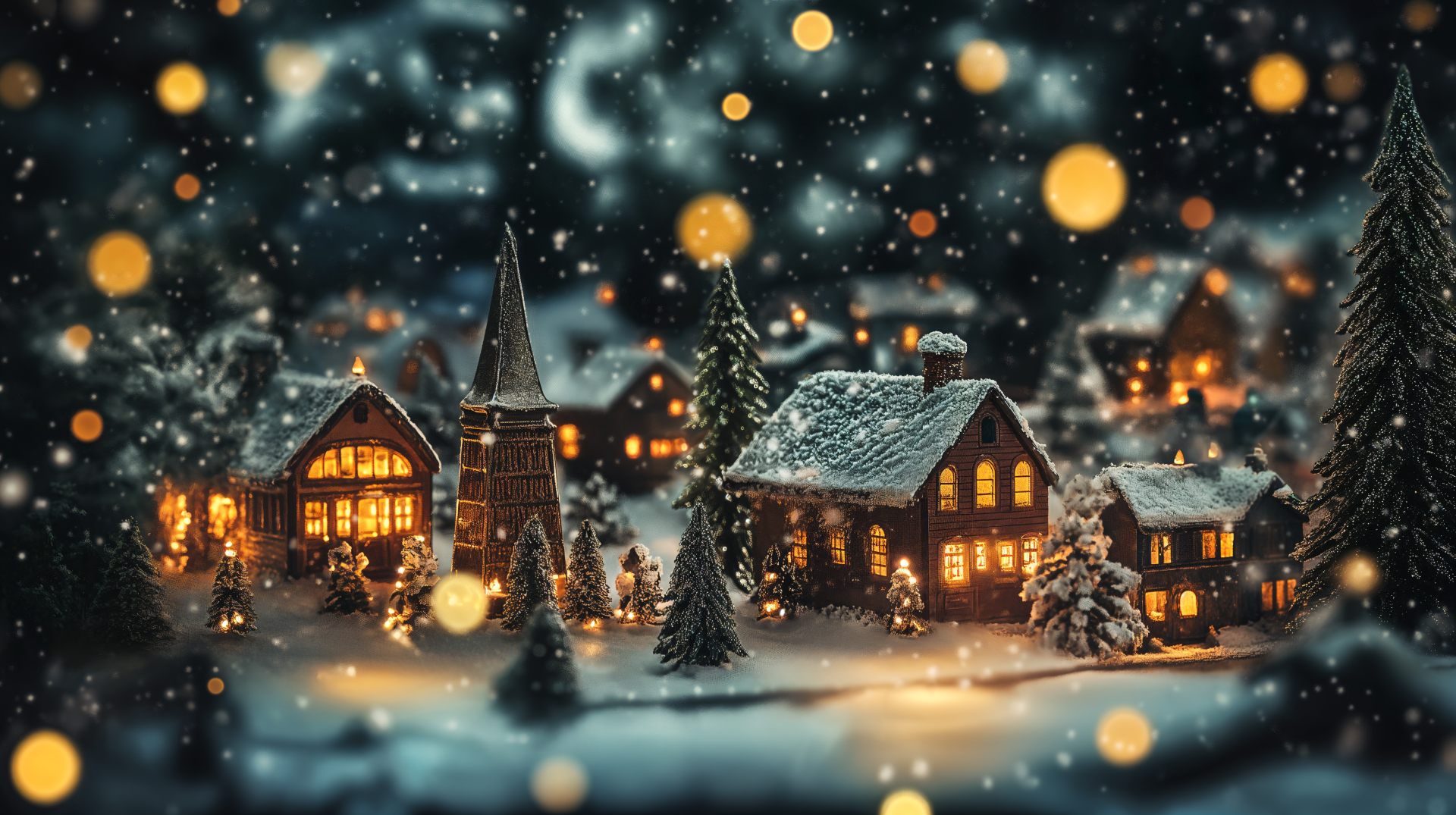 A snowy Christmas village at night with warmly lit houses and festive trees, captured in 4K Ultra HD for a winter town desktop wallpaper.