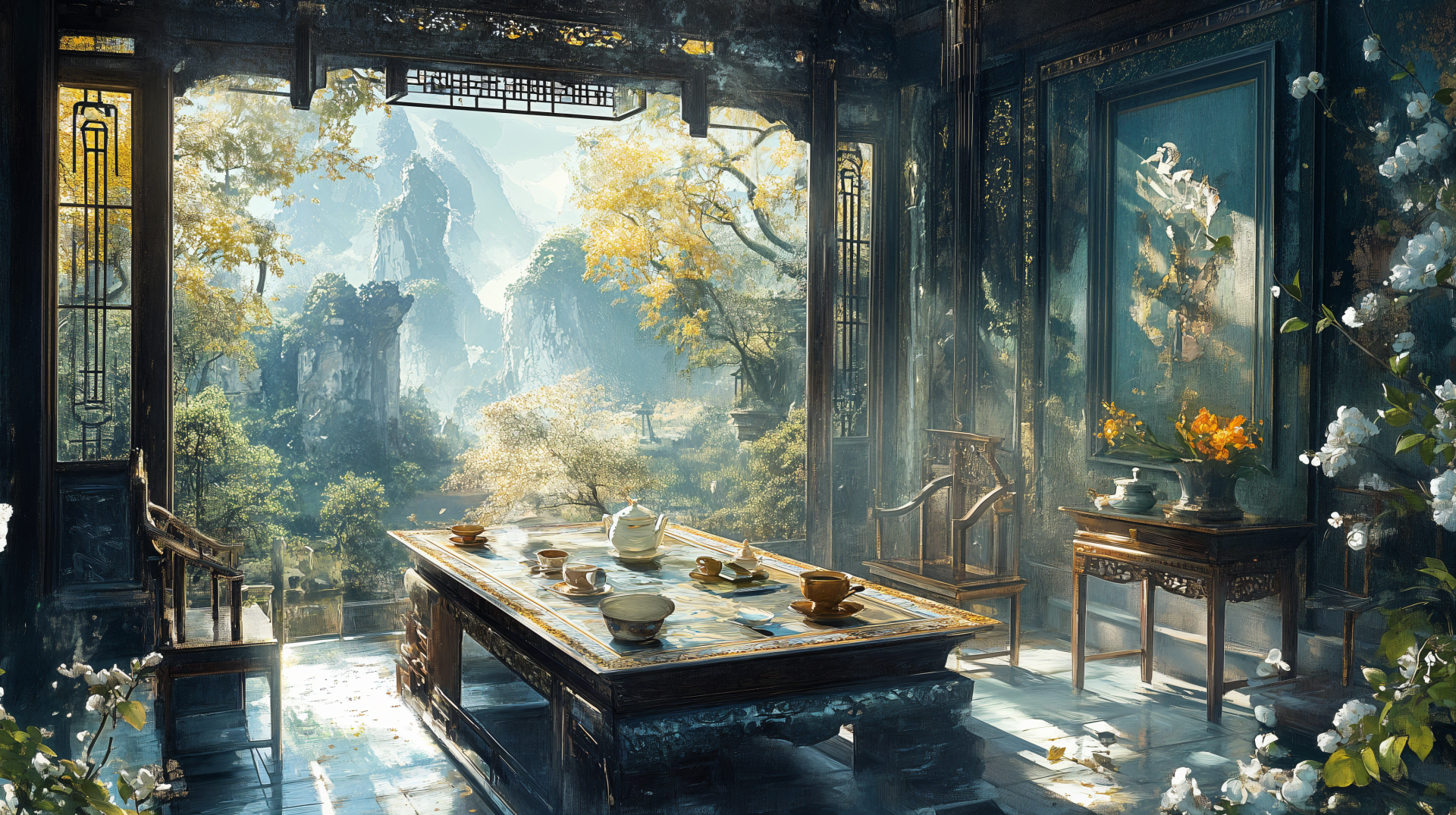 A serene tea house interior with a wooden table set for tea, framed by lush greenery and mountains, captured in stunning 4K Ultra HD for a captivating desktop wallpaper.
