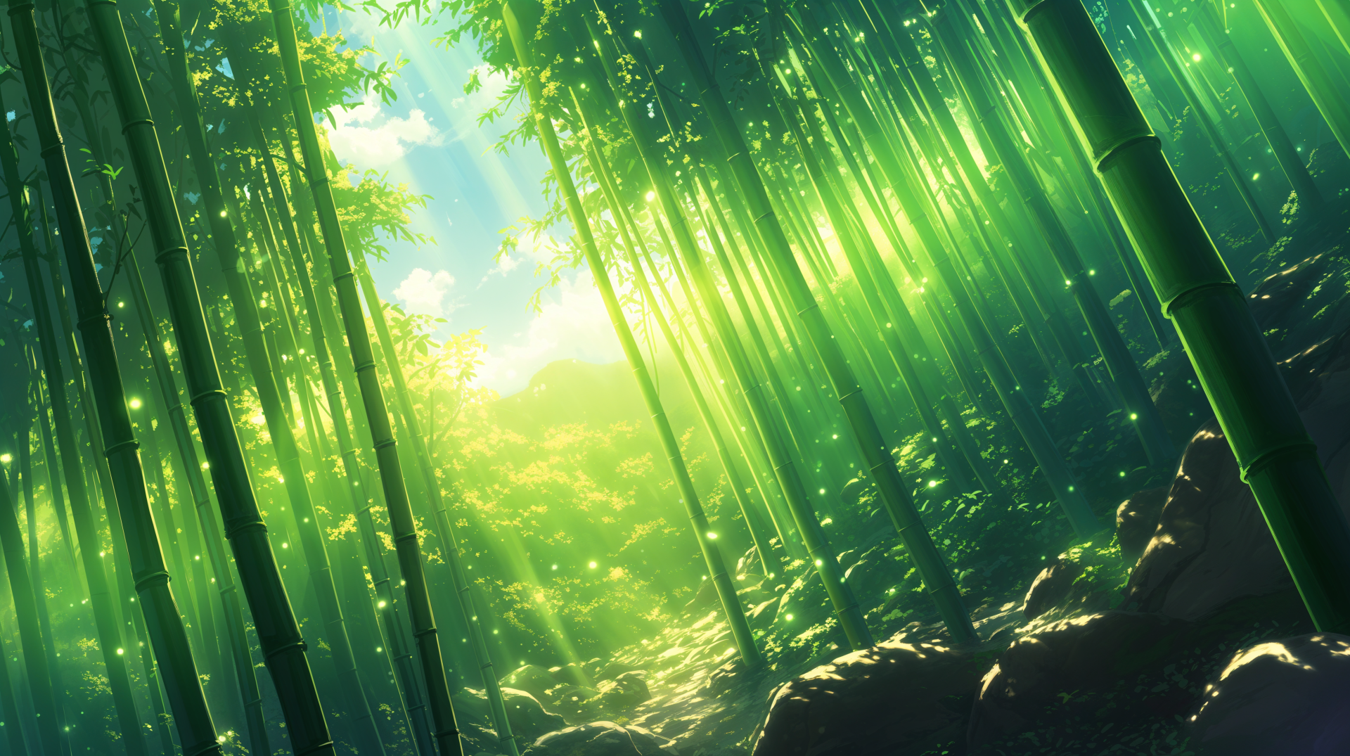 A serene anime forest scene featuring tall bamboo, infused with vibrant greens and soft sunlight filtering through the trees, presented as a 4K Ultra HD PC desktop wallpaper.