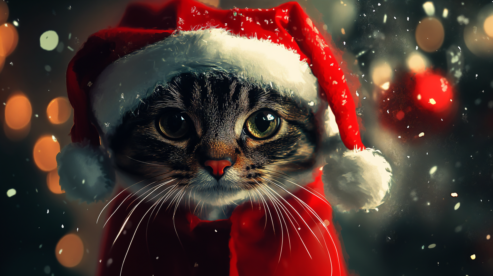A festive cat wearing a Santa hat, set against a backdrop of holiday lights and snow, captured in vibrant 4K Ultra HD resolution for a delightful Christmas wallpaper.