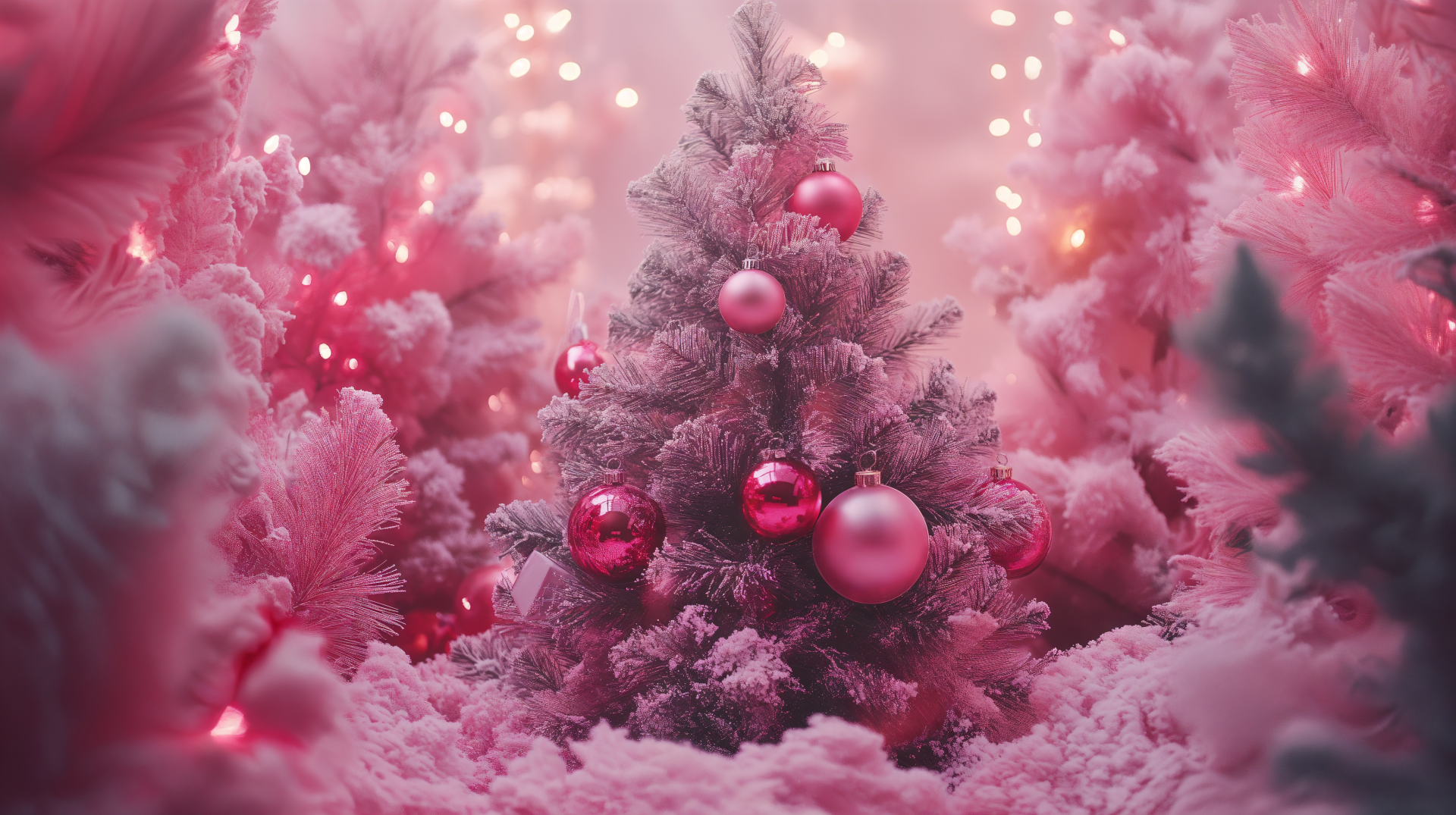 A vibrant pink Christmas tree decorated with festive lights and ornaments, surrounded by pink holiday decorations in a 4K Ultra HD wallpaper setting.