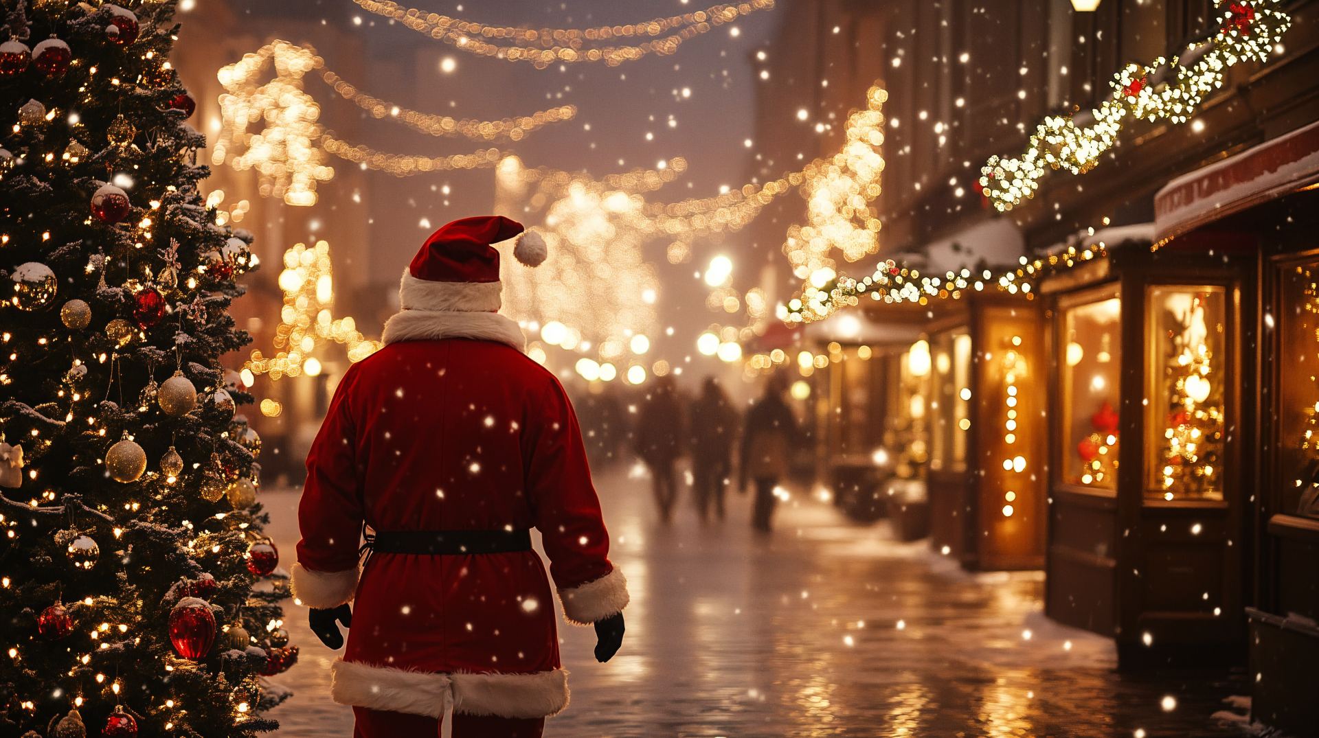 Aesthetic Christmas scene featuring a man in a Santa suit standing in a beautifully decorated street, illuminated by festive lights and gently falling snow, and captured in 4K Ultra HD.