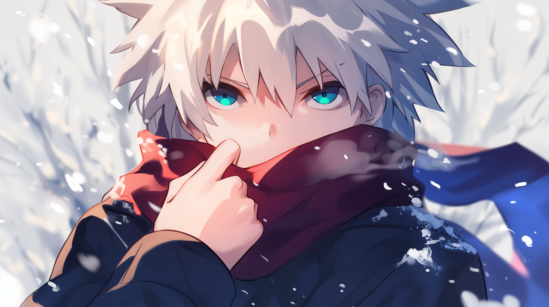 A young anime character with striking blue eyes and spiky hair stands in a snowy landscape, wearing a warm scarf. This 4K Ultra HD wallpaper captures a winter anime atmosphere.