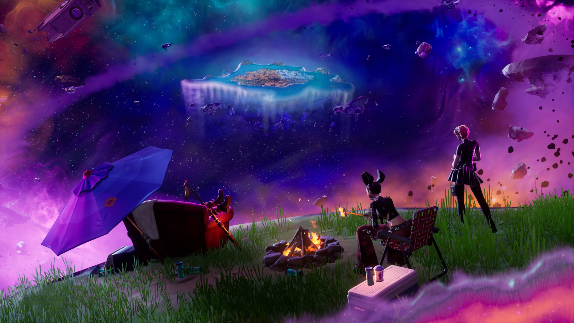 A vibrant Fortnite HD desktop wallpaper featuring characters gathered around a campfire, under a cosmic sky with colorful nebulas and a hovering island.
