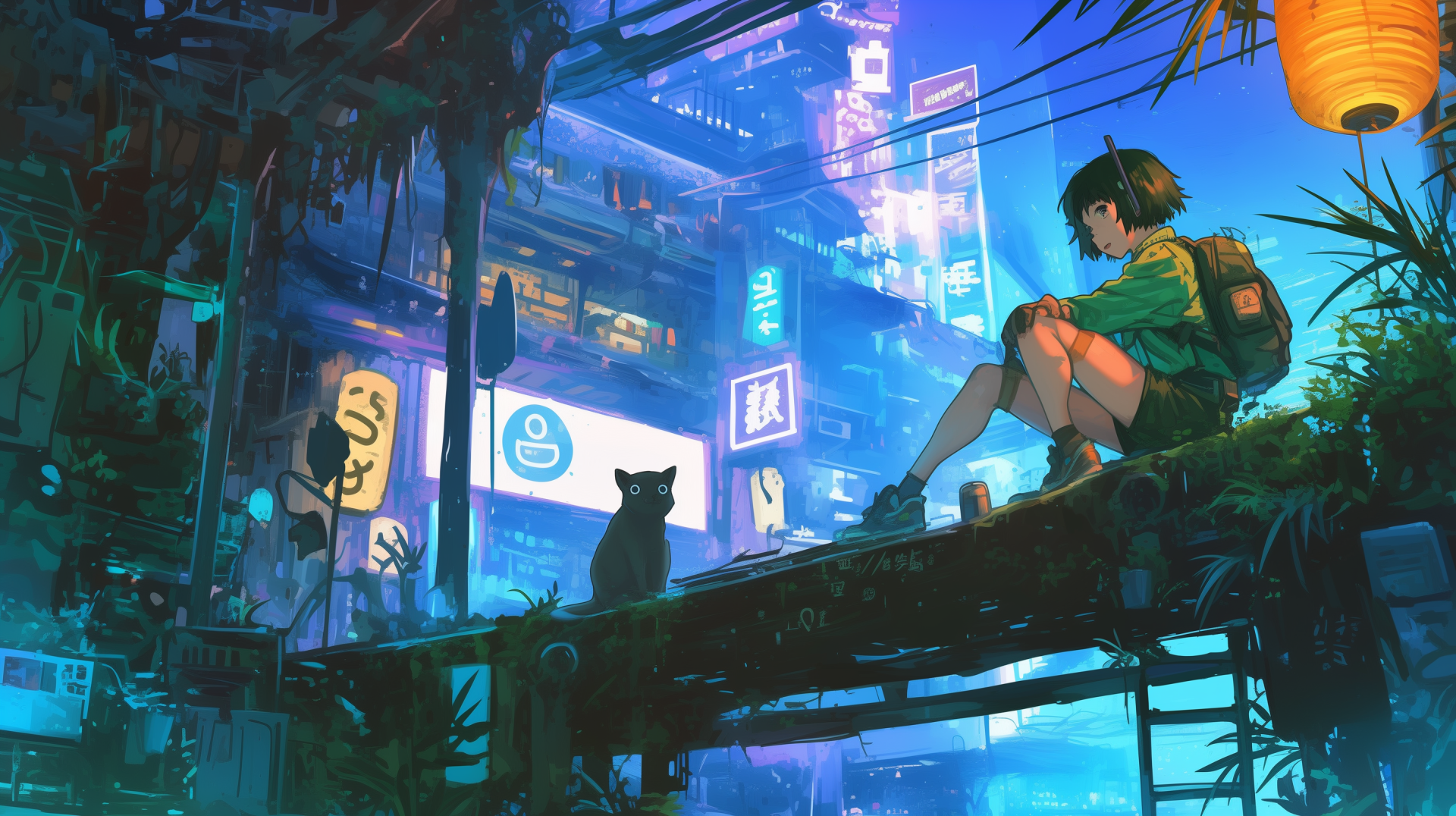 A vibrant anime scene featuring a girl and her cat in a cyberpunk city, illuminated by neon lights. Inspired by Studio Ghibli, this HD wallpaper captures a stunning blend of fantasy and technology.