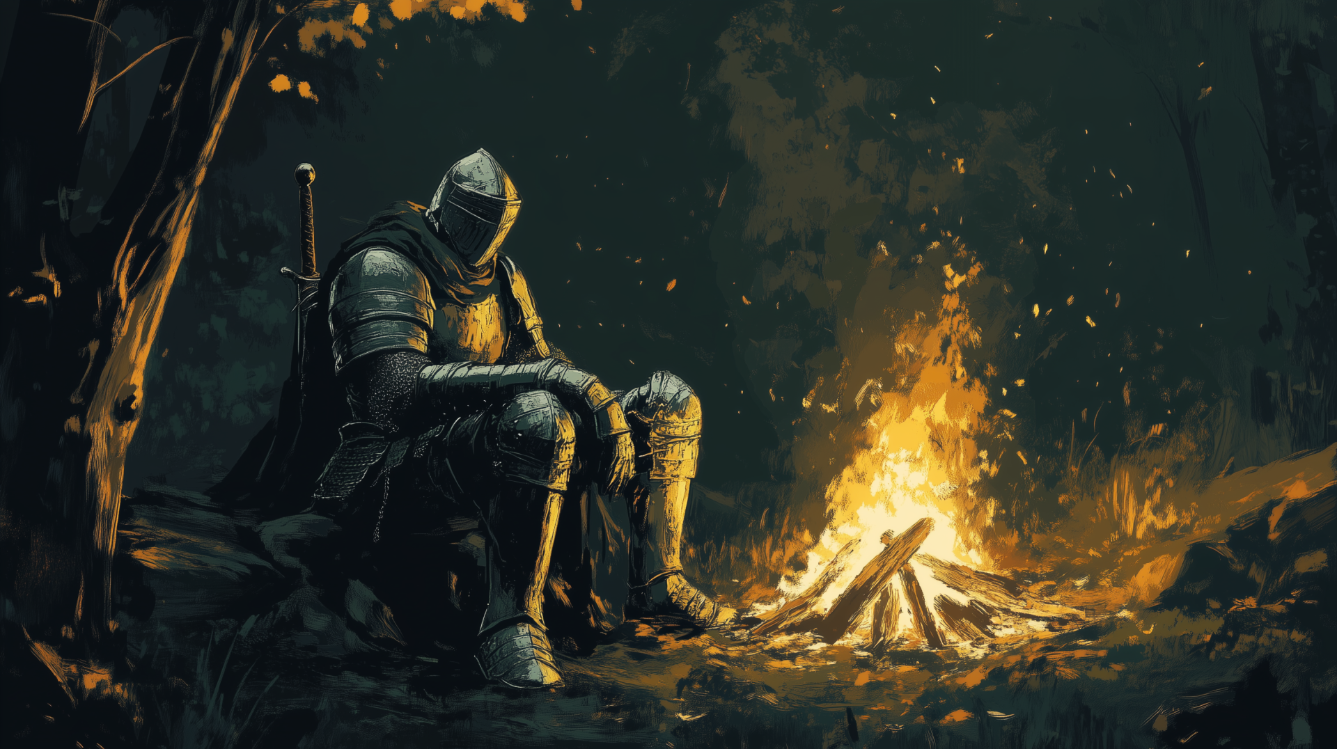 A warrior in armor sits by a glowing bonfire, surrounded by a dark, enchanting forest, capturing the essence of Dark Souls in this HD PC desktop wallpaper.