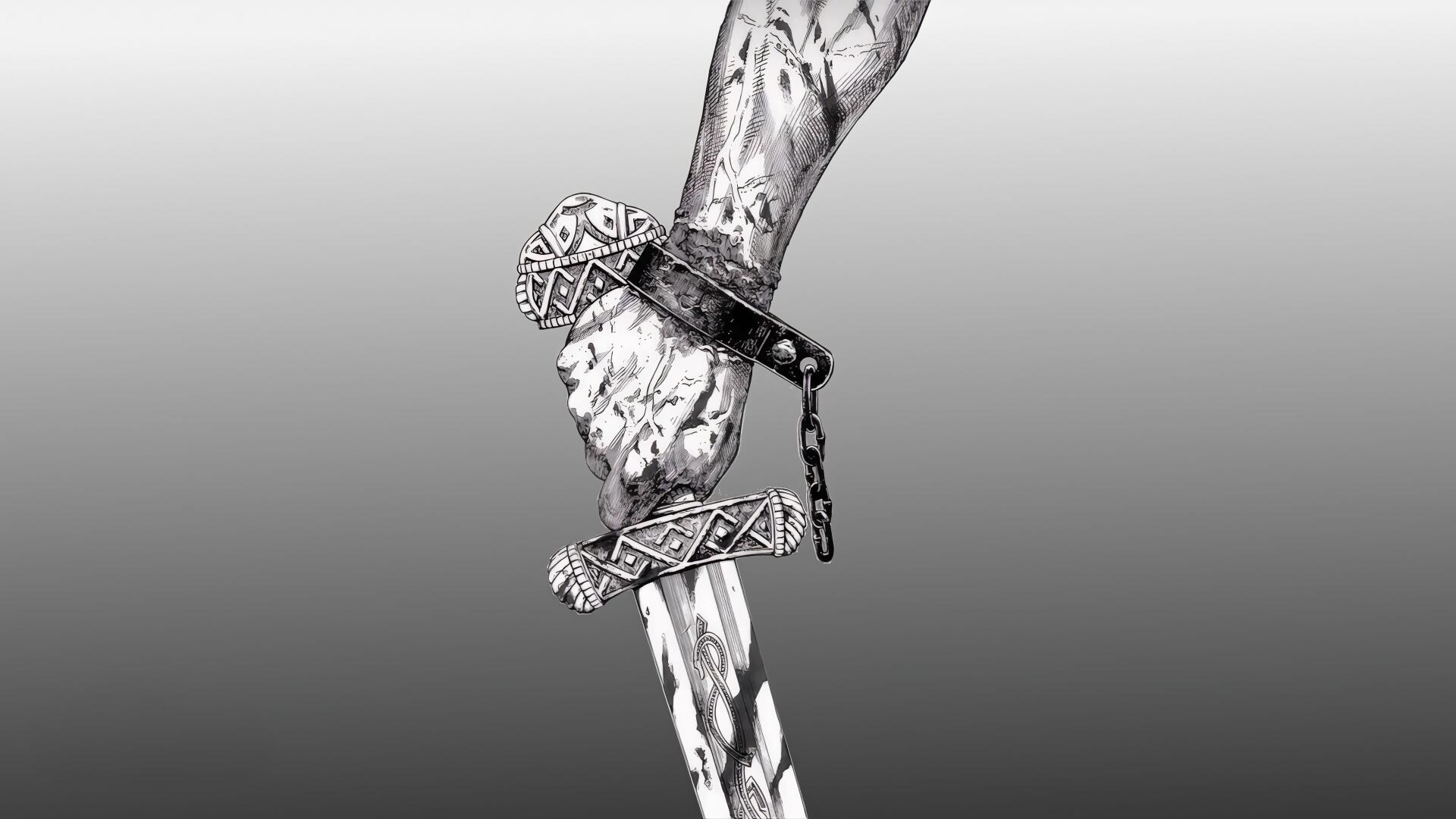 A striking 4K Ultra HD wallpaper featuring a detailed, arm-bound warrior grasping a sword, inspired by the anime and manga Vinland Saga.